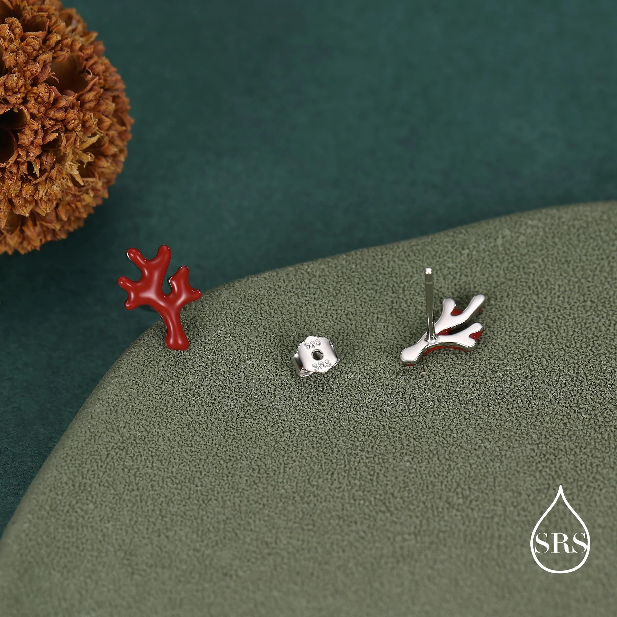 Sterling Silver Asymmetric Red Coral Branch Stud Earrings - Image 4