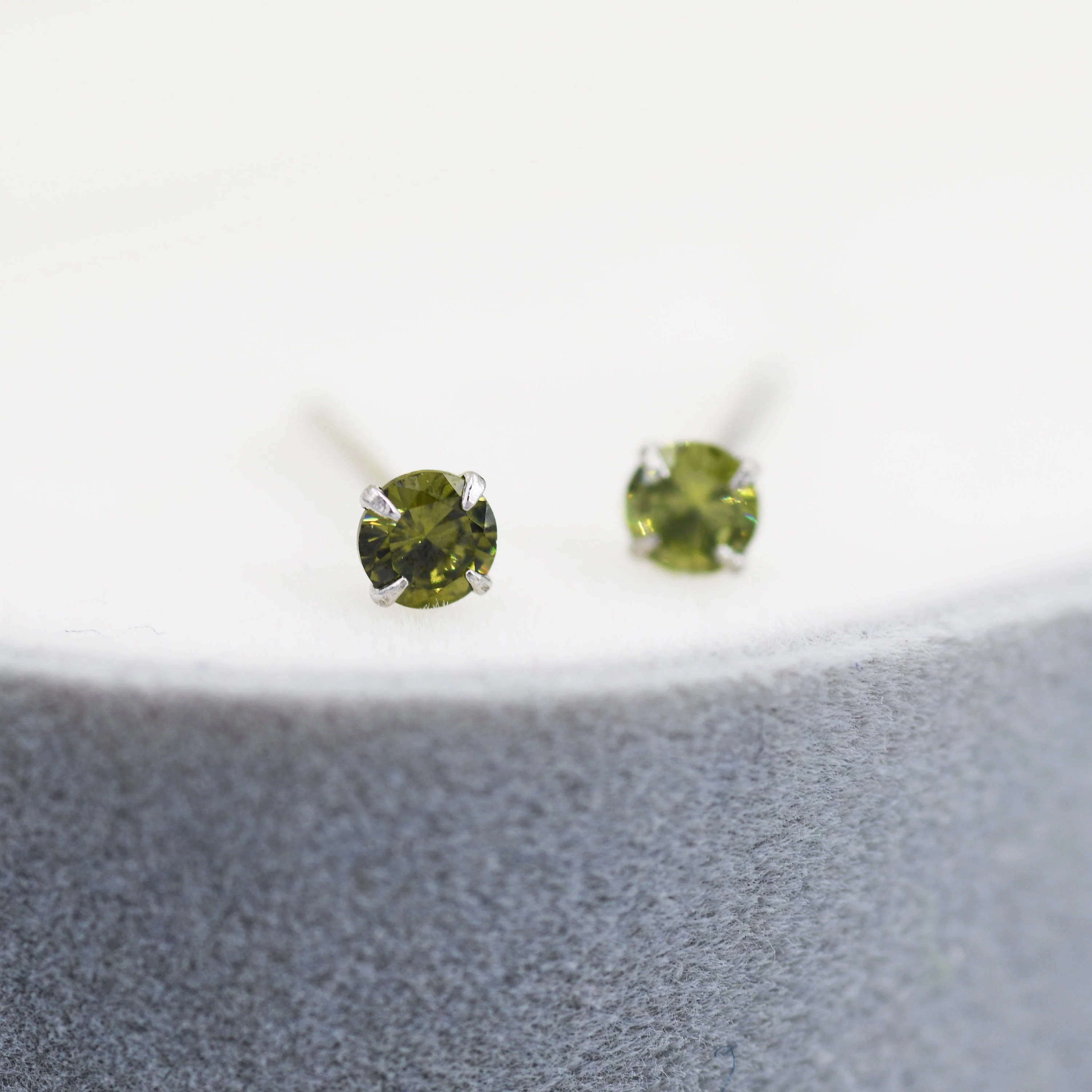 Sterling Silver August Birthstone Earrings, Peridot Stud Earrings, Extra Tiny Crystal Stud, 3mm Birthstone CZ Earrings - Image 3