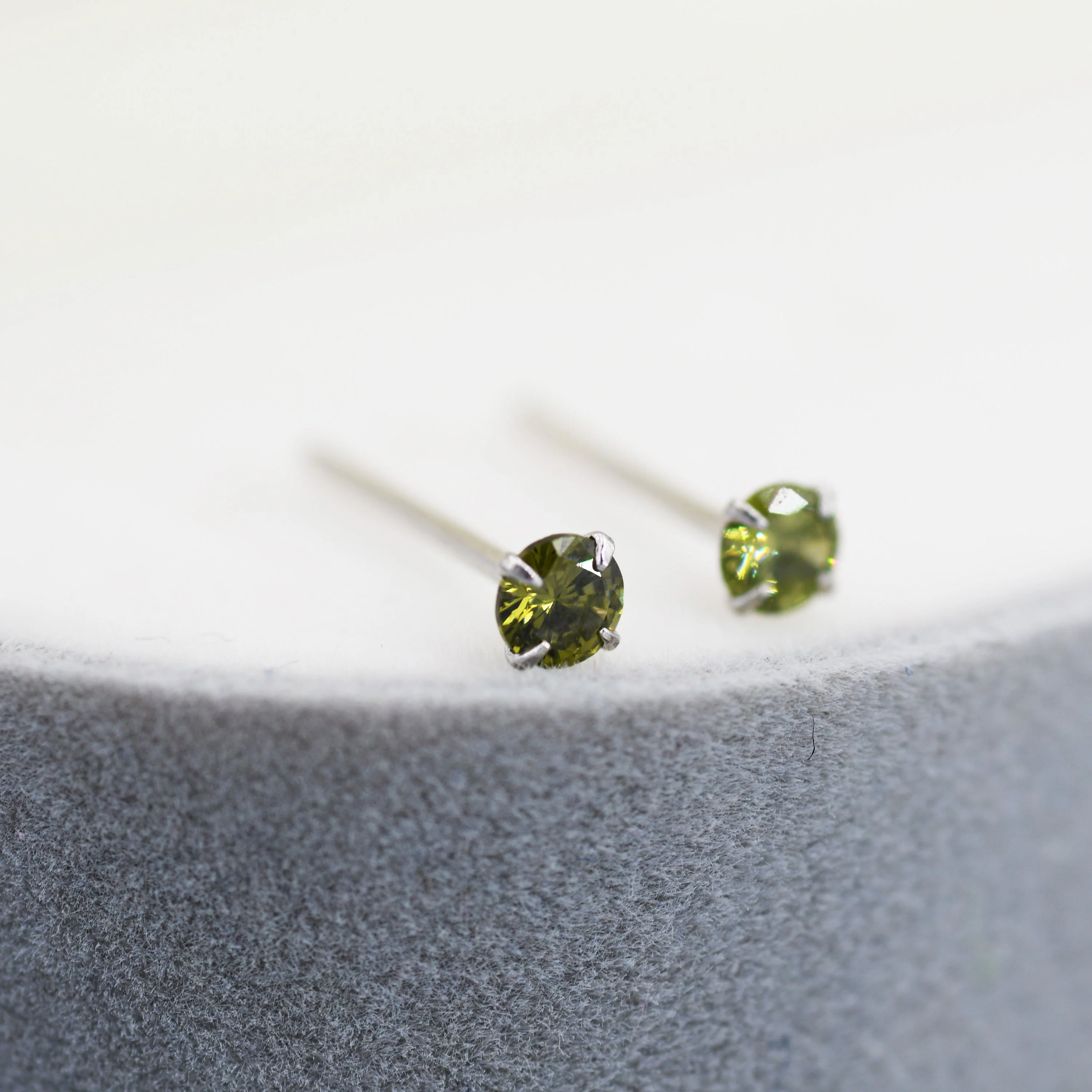 Sterling Silver August Birthstone Earrings, Peridot Stud Earrings, Extra Tiny Crystal Stud, 3mm Birthstone CZ Earrings - Image 4