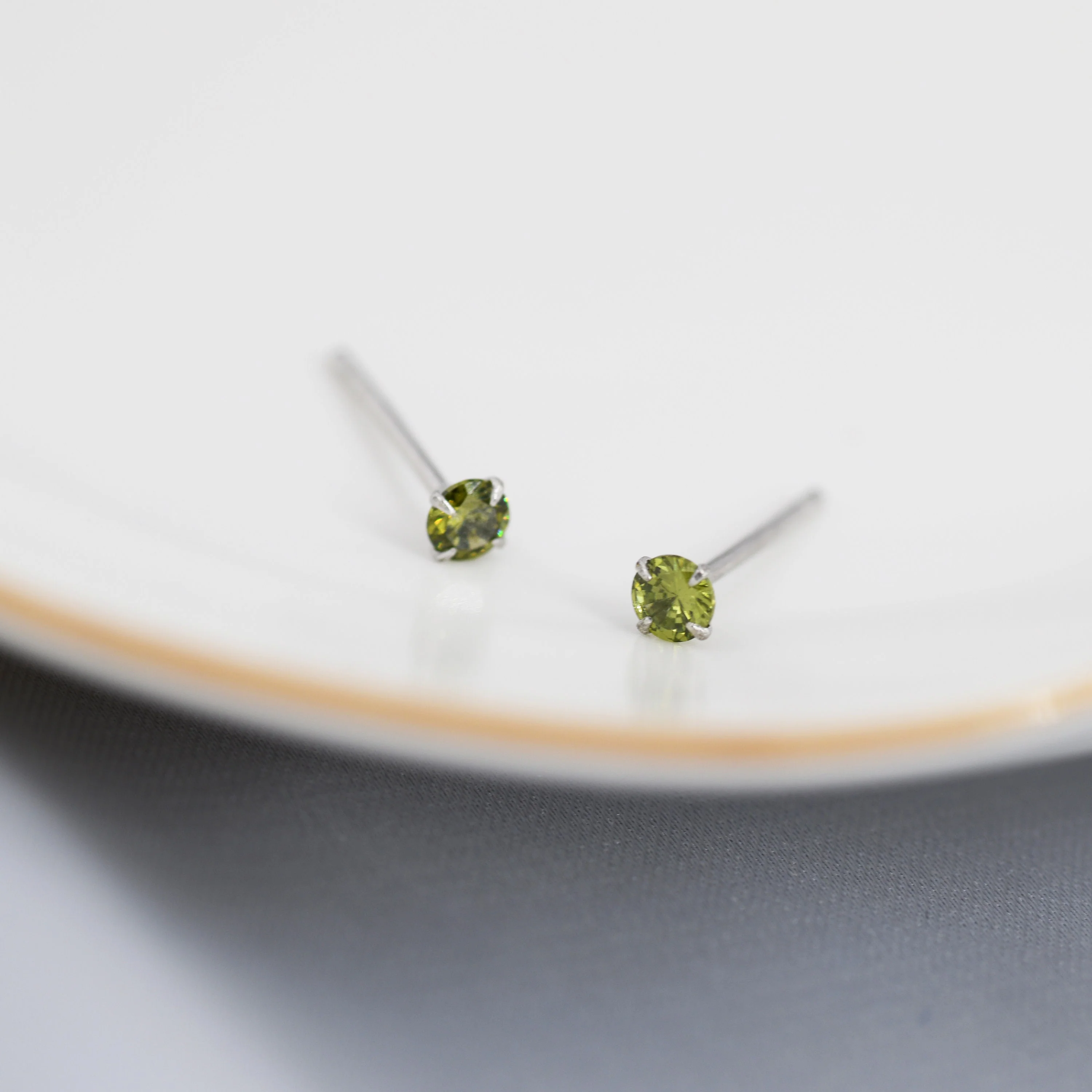 Sterling Silver August Birthstone Earrings, Peridot Stud Earrings, Extra Tiny Crystal Stud, 3mm Birthstone CZ Earrings - Image 5