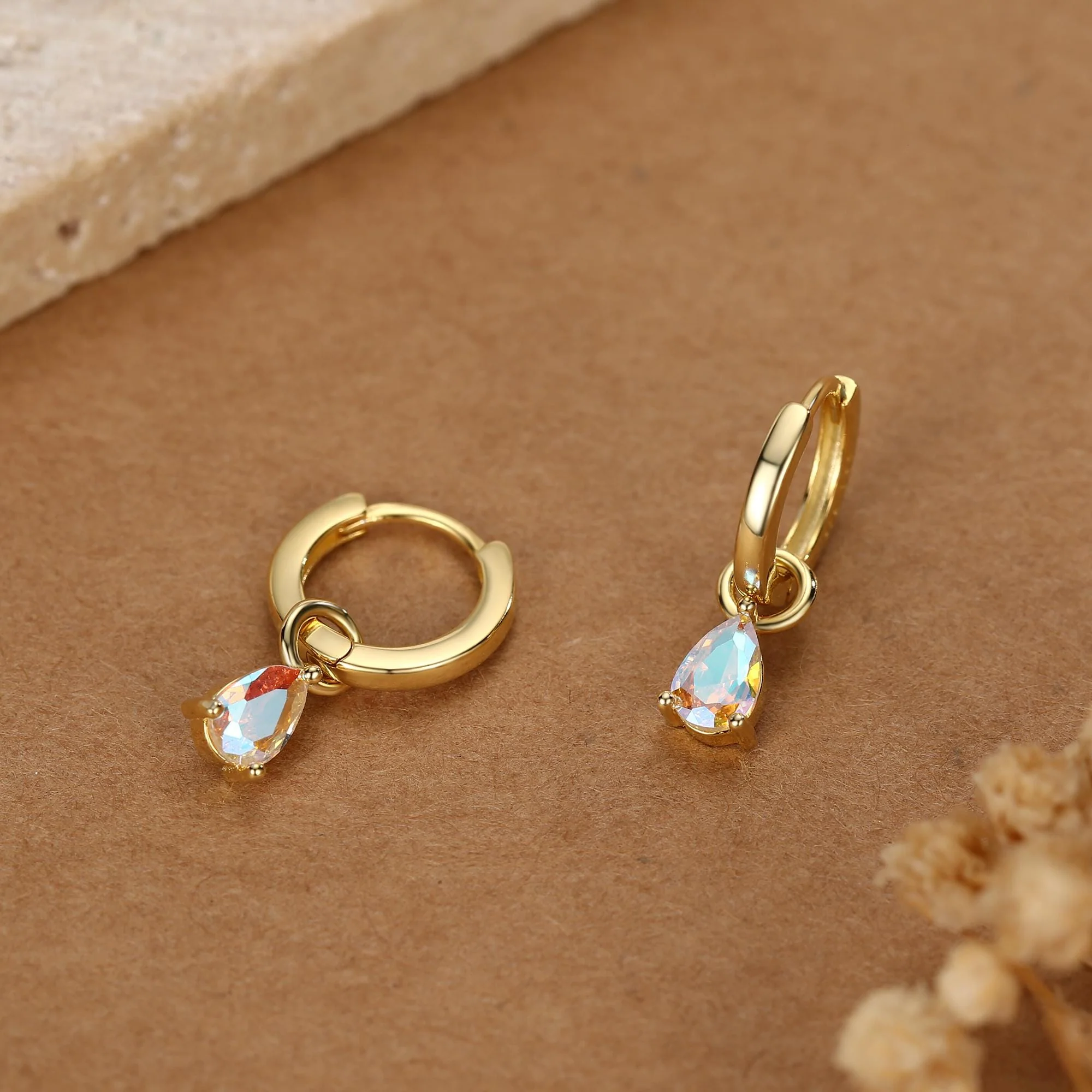 Sterling Silver Aurora AB CZ Droplet Hoop Earrings, Silver - Image 7