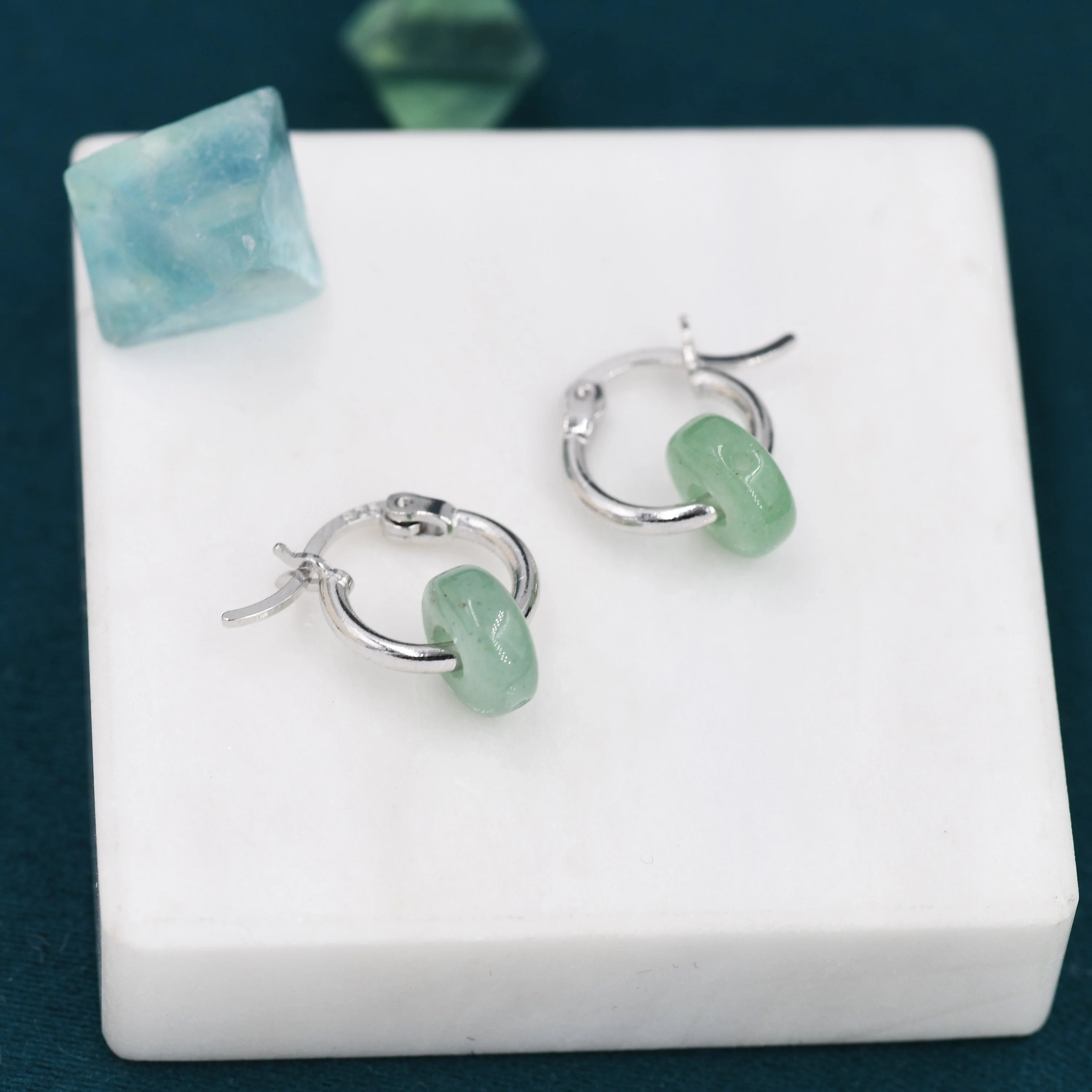 Sterling Silver Aventurine Jade Donut Huggie Hoop Earrings, Detachable Green Jade Coin Charm Dangle Hoop Earrings, Silver or Gold - Image 6