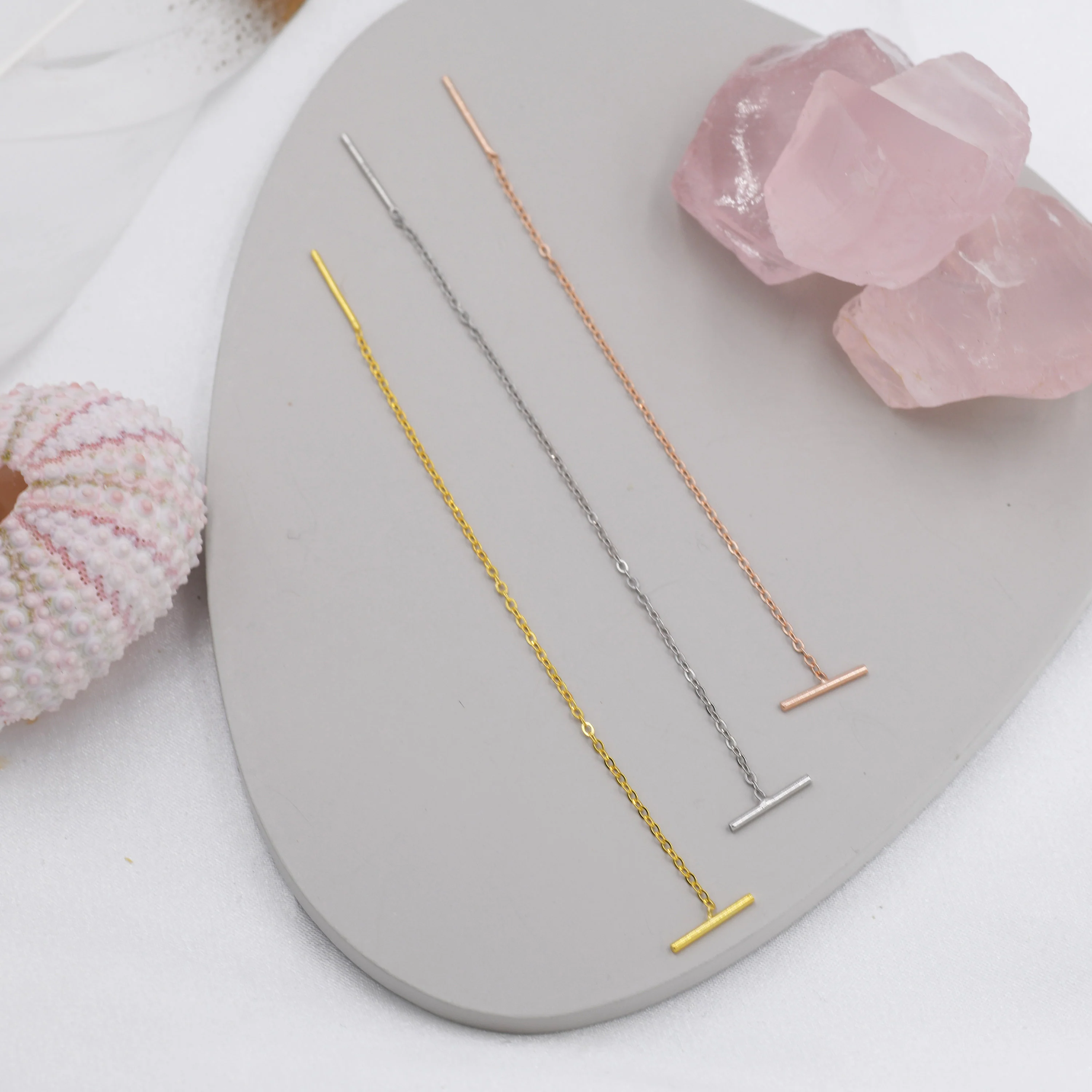 Sterling Silver Bar Ear Threader, Silver, Gold and Rose Gold, Minimal Long Threader earrings, Minimalist Ear Threaders, Two Way of Wearing - Image 2