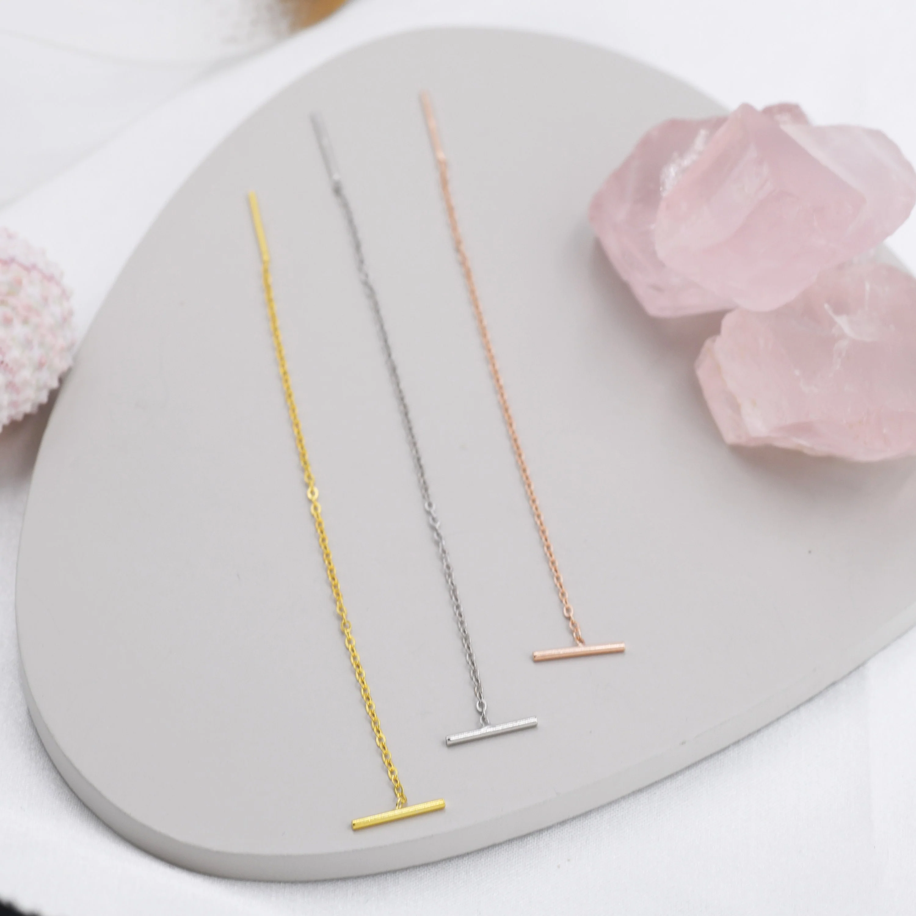 Sterling Silver Bar Ear Threader, Silver, Gold and Rose Gold, Minimal Long Threader earrings, Minimalist Ear Threaders, Two Way of Wearing - Image 3