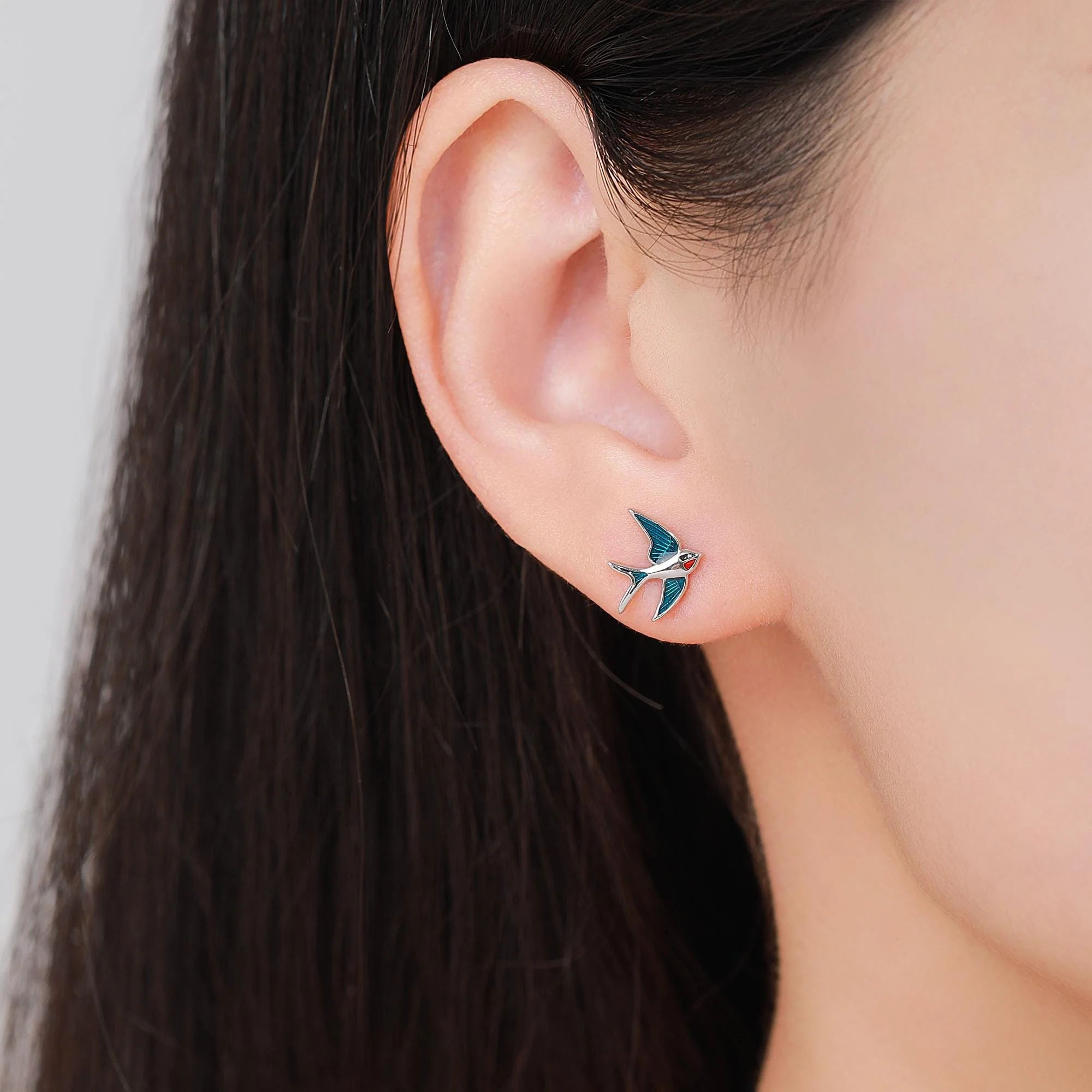Sterling Silver Barn Swallow Bird Stud Earrings, Enamel Painted Swallow Bird Stud Earrings, Fun and Quirky Colour Bird Stud - Image 6