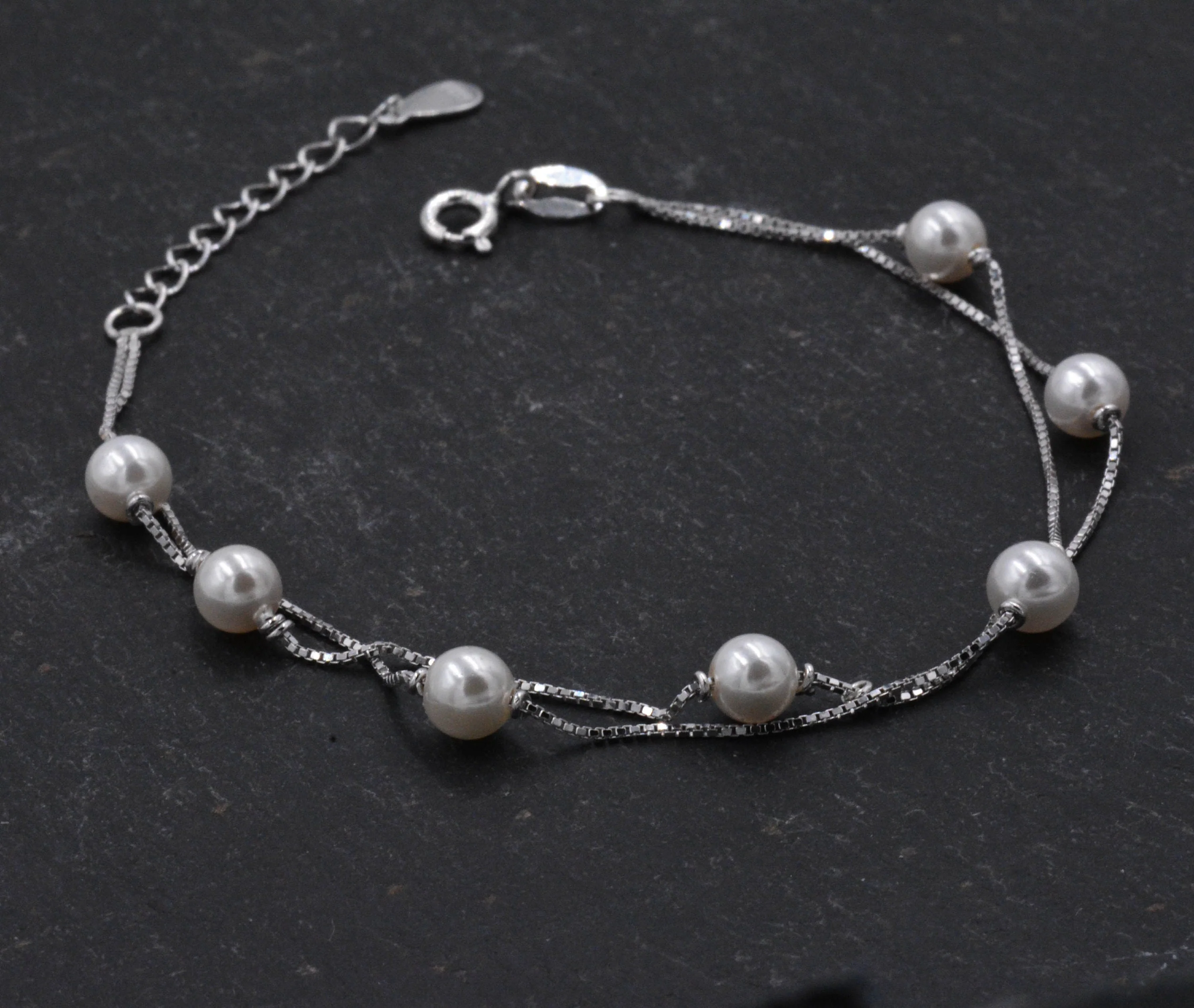Sterling Silver Beautiful Pearl Minimalist Charm Layer Bracelet - Adjustable Length - Simple and Elegant Jewellery B58 - Image 7