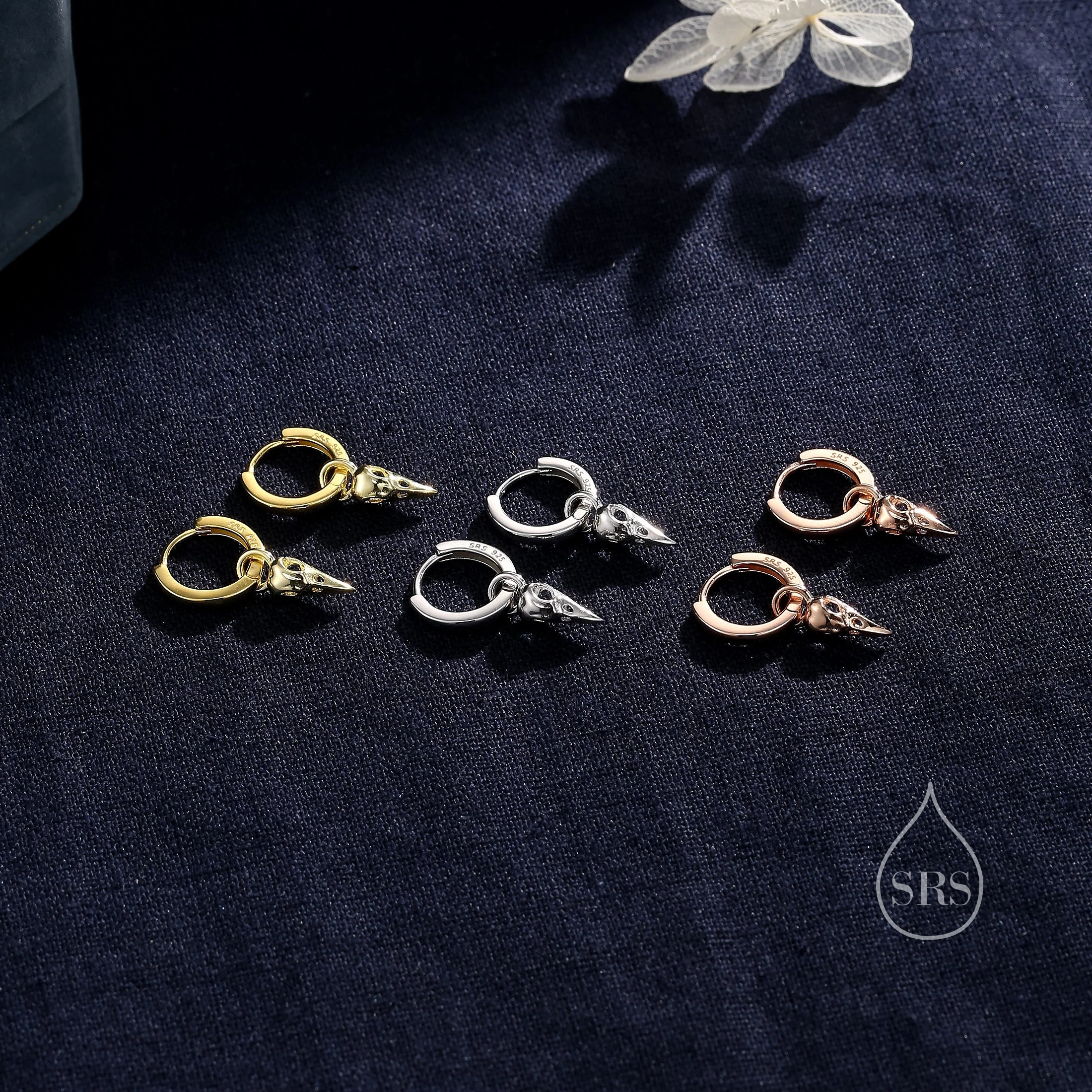 Sterling Silver Bird Skull Huggie Hoops, Silver, Gold or Rose Gold, Detachable Bird Skull Hoop Earrings, Bird Skull Charm Dangle Earrings - Image 7