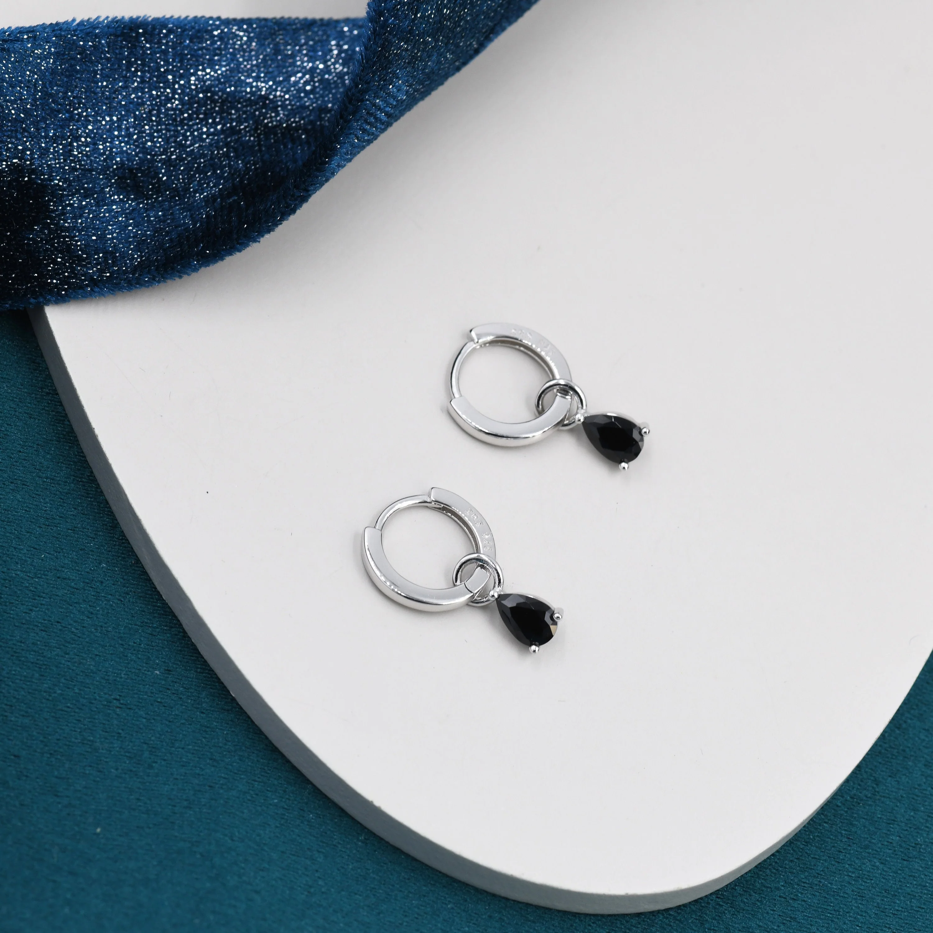 Sterling Silver Black CZ Droplet Hoop Earrings,  Silver, Gold or Rose Gold,  Pear Cut Drop Earrings,  Interchangeable Charms - Image 5