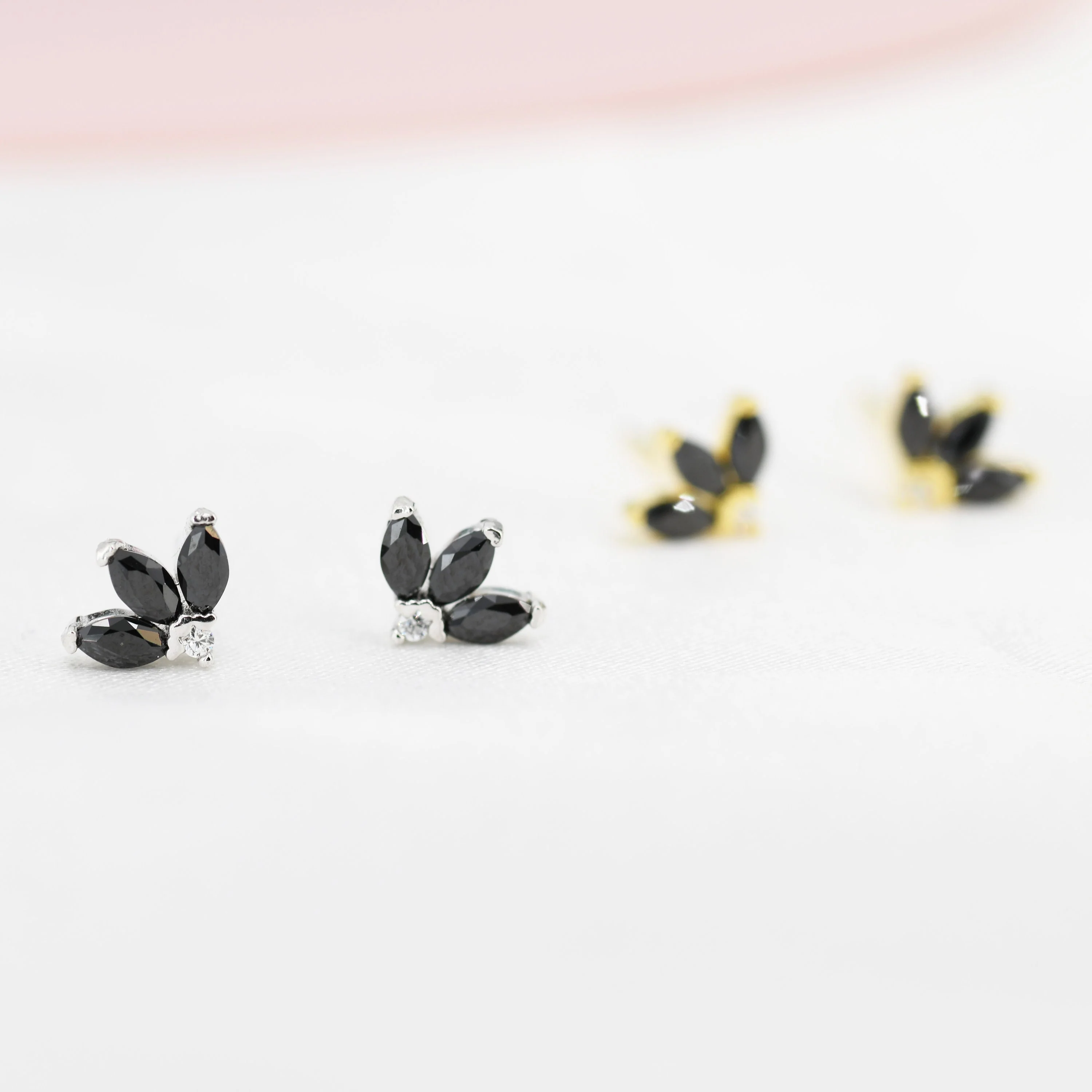 Sterling Silver Black CZ Marquise Cluster Stud Earrings, Gold or Silver, Marquise Fan Stud, CZ Crown Stud, Three Marquise Stud - Image 3