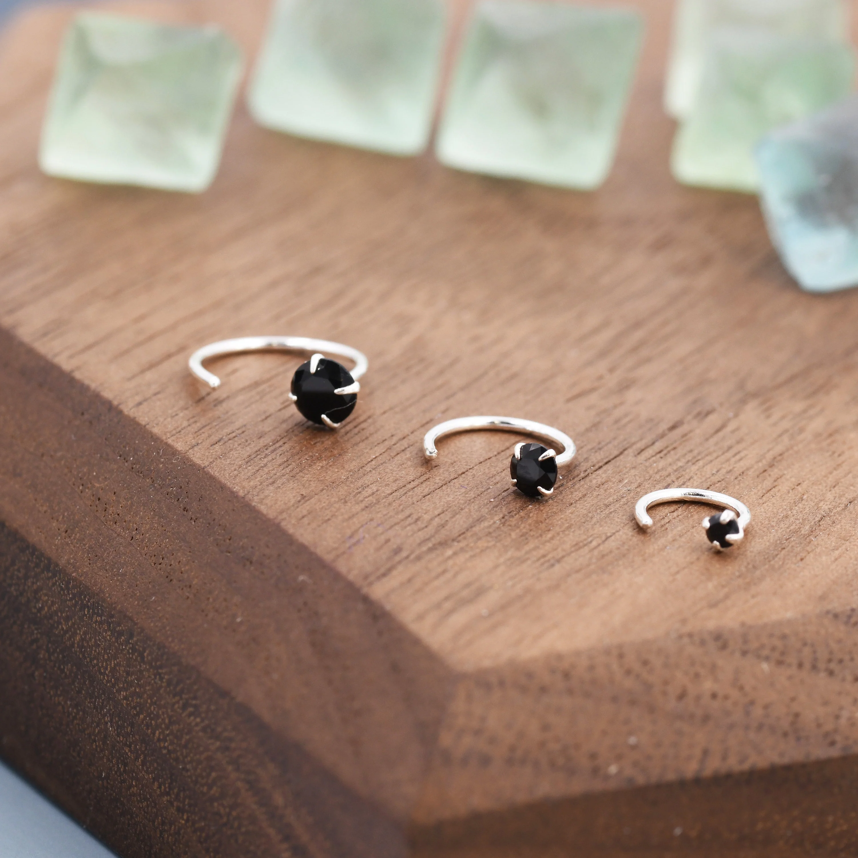 Sterling Silver Black CZ Open Huggie Hoop, Open Threader Earrings, Half Hoop Earrings, Crystal Hoop Earrings, Black Diamond Hoops - Image 2