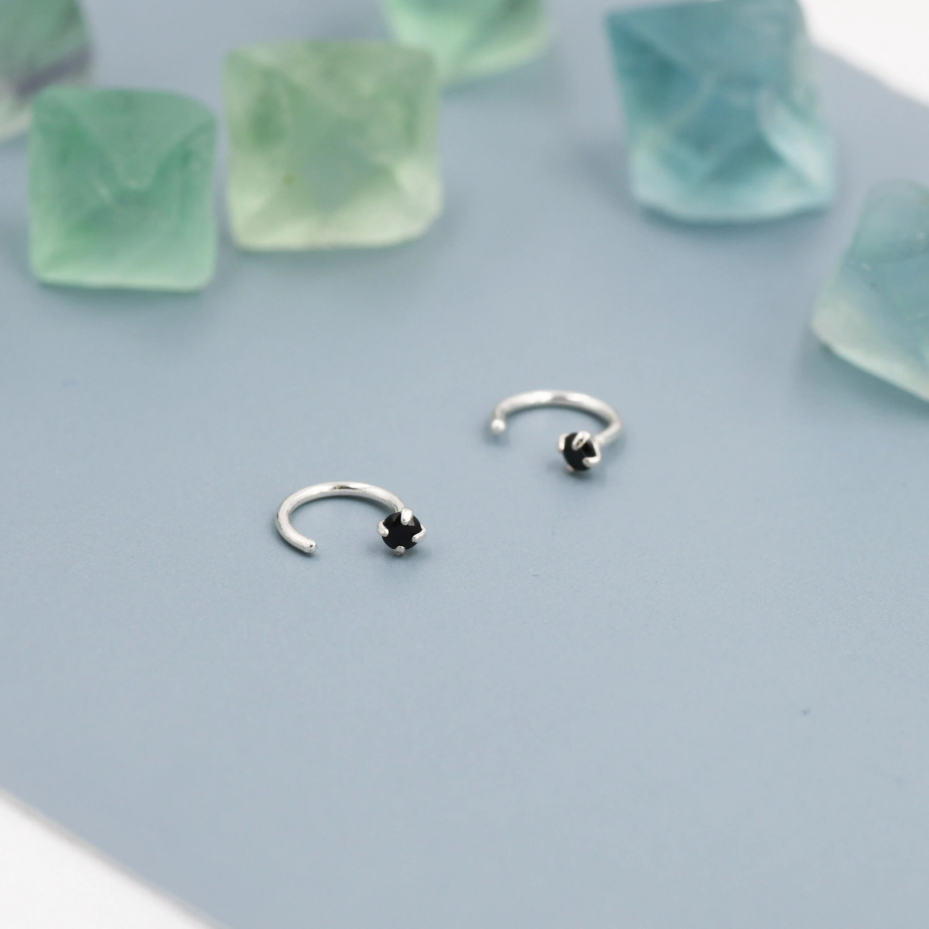 Sterling Silver Black CZ Open Huggie Hoop, Open Threader Earrings, Half Hoop Earrings, Crystal Hoop Earrings, Black Diamond Hoops - Image 6