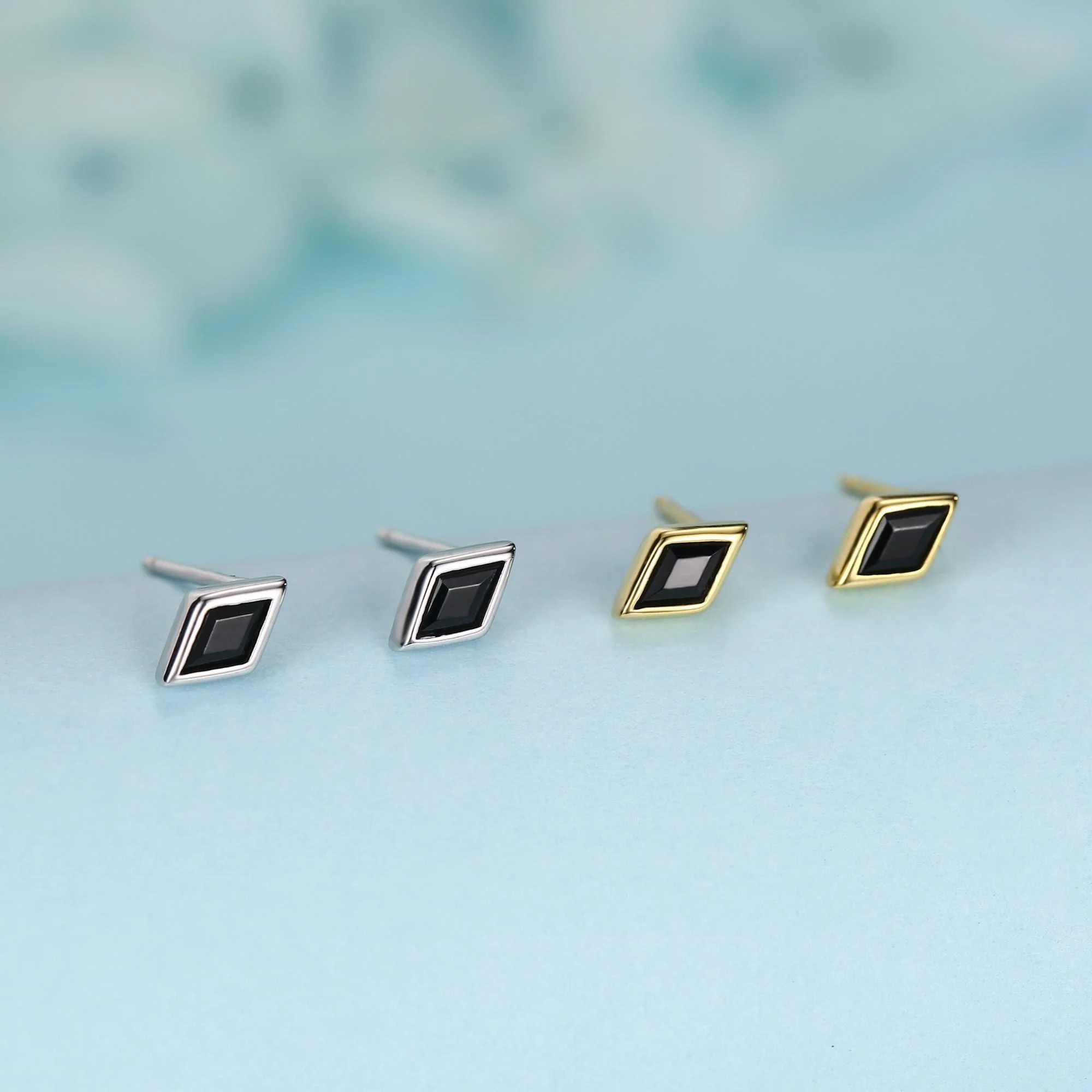Sterling Silver Black CZ Rhombus Stud Earrings - Image 4