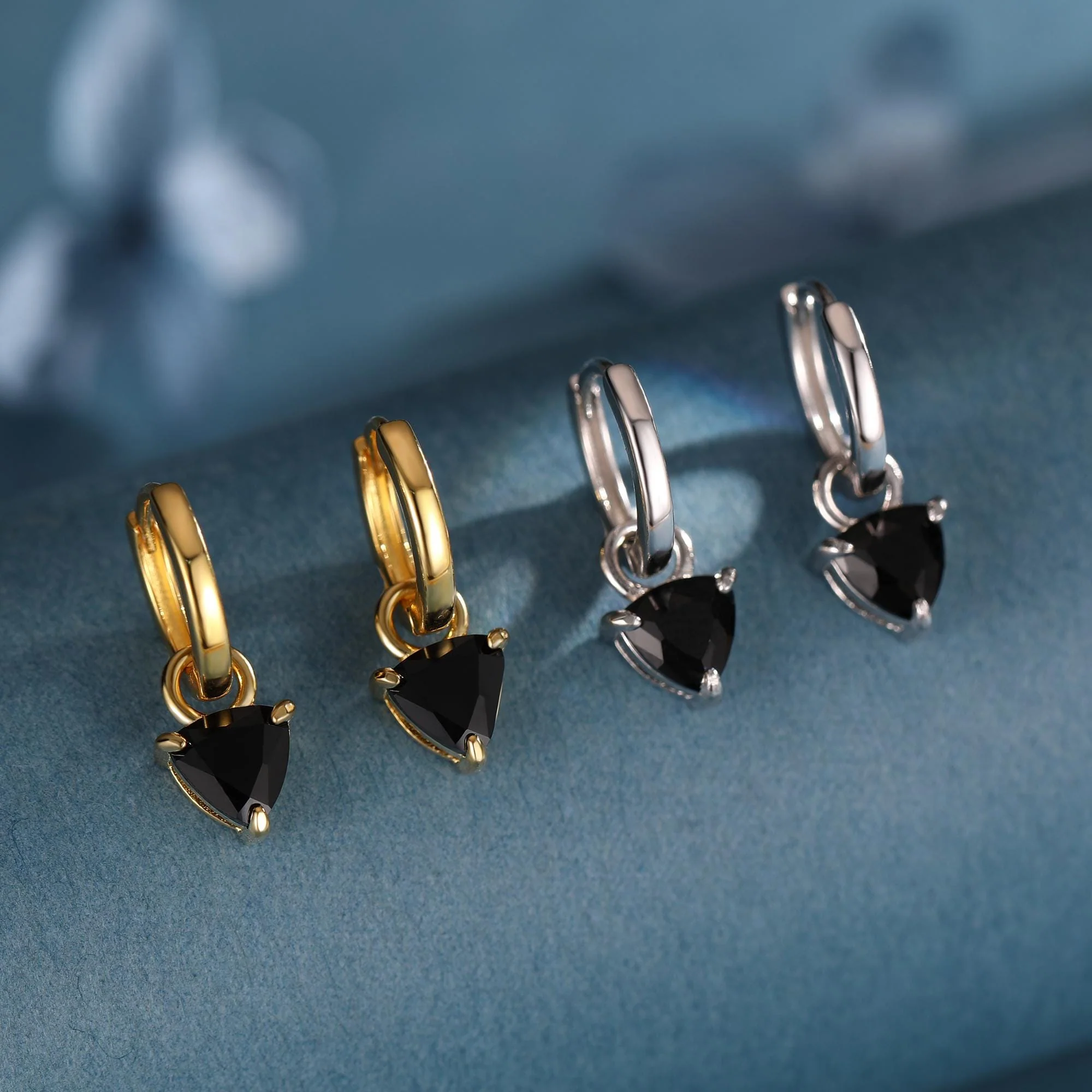 Sterling Silver Black Trillion Cut CZ Hoop Earrings - Image 5