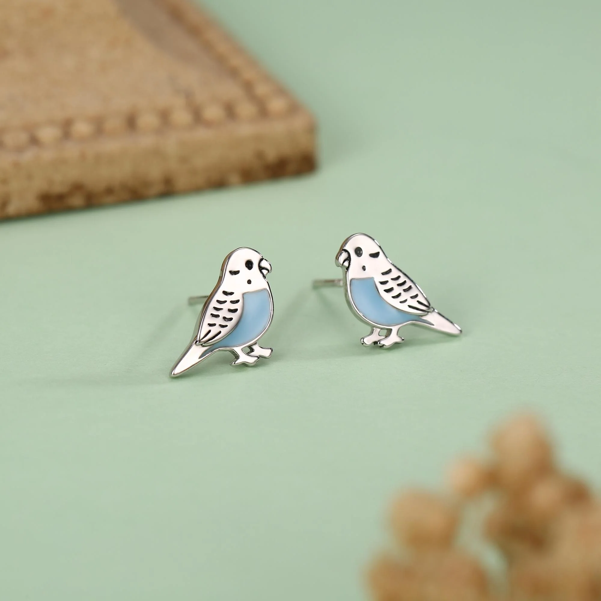 Sterling Silver Blue Enamel Budgie Stud Earring, Bird Earrings
