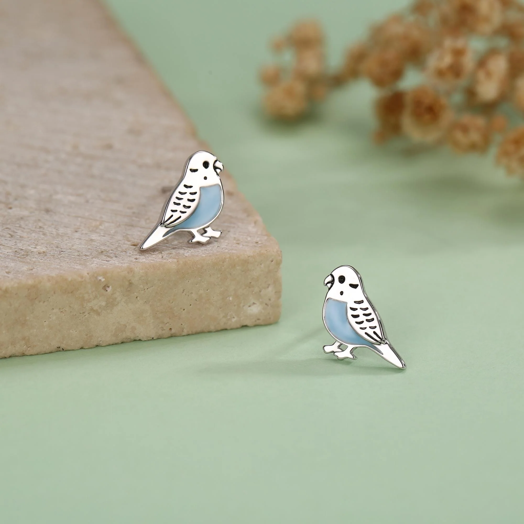 Sterling Silver Blue Enamel Budgie Stud Earring, Bird Earrings - Image 3