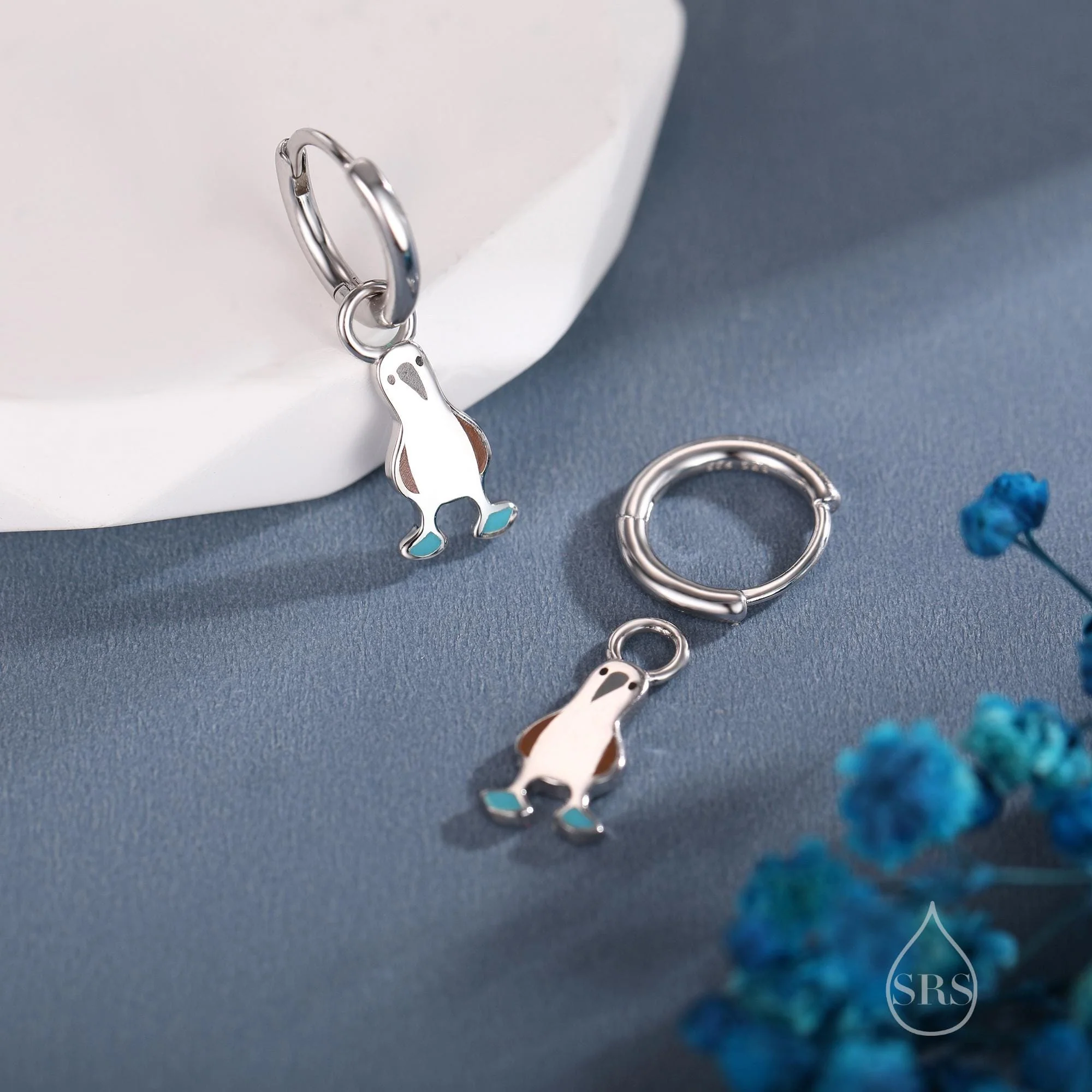 Sterling Silver Blue Footed Boobie Huggie Hoop Earrings, Detachable Charm Hoops, Blue-Footed Boobie Bird Dangle Earrings, Bird Jewellery - Image 5