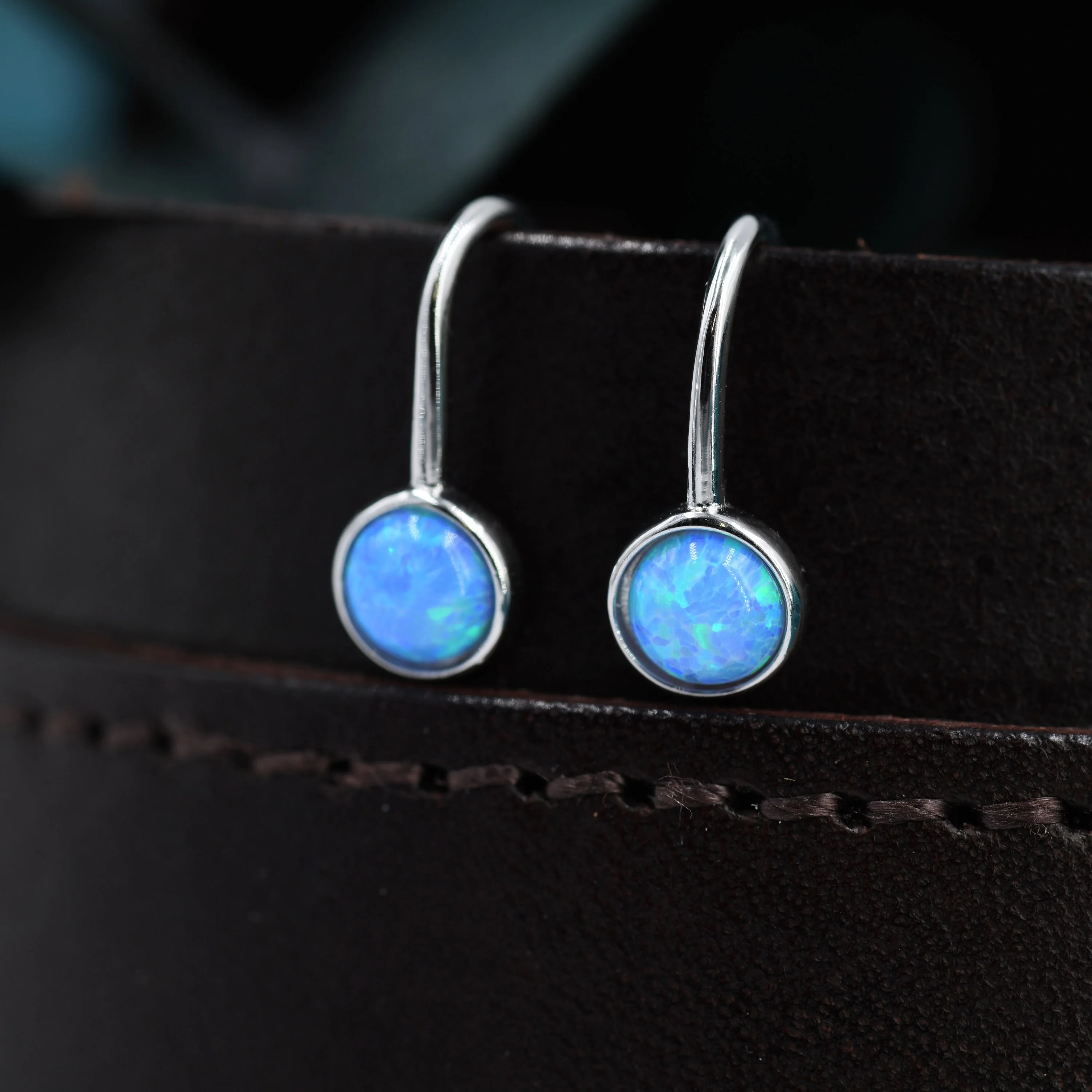 Sterling Silver Blue Opal Drop Earrings in Sterling Silver, Round Blue Opal Hook Earrings, Delicate Opal Earrings, Lab Opal - Image 2