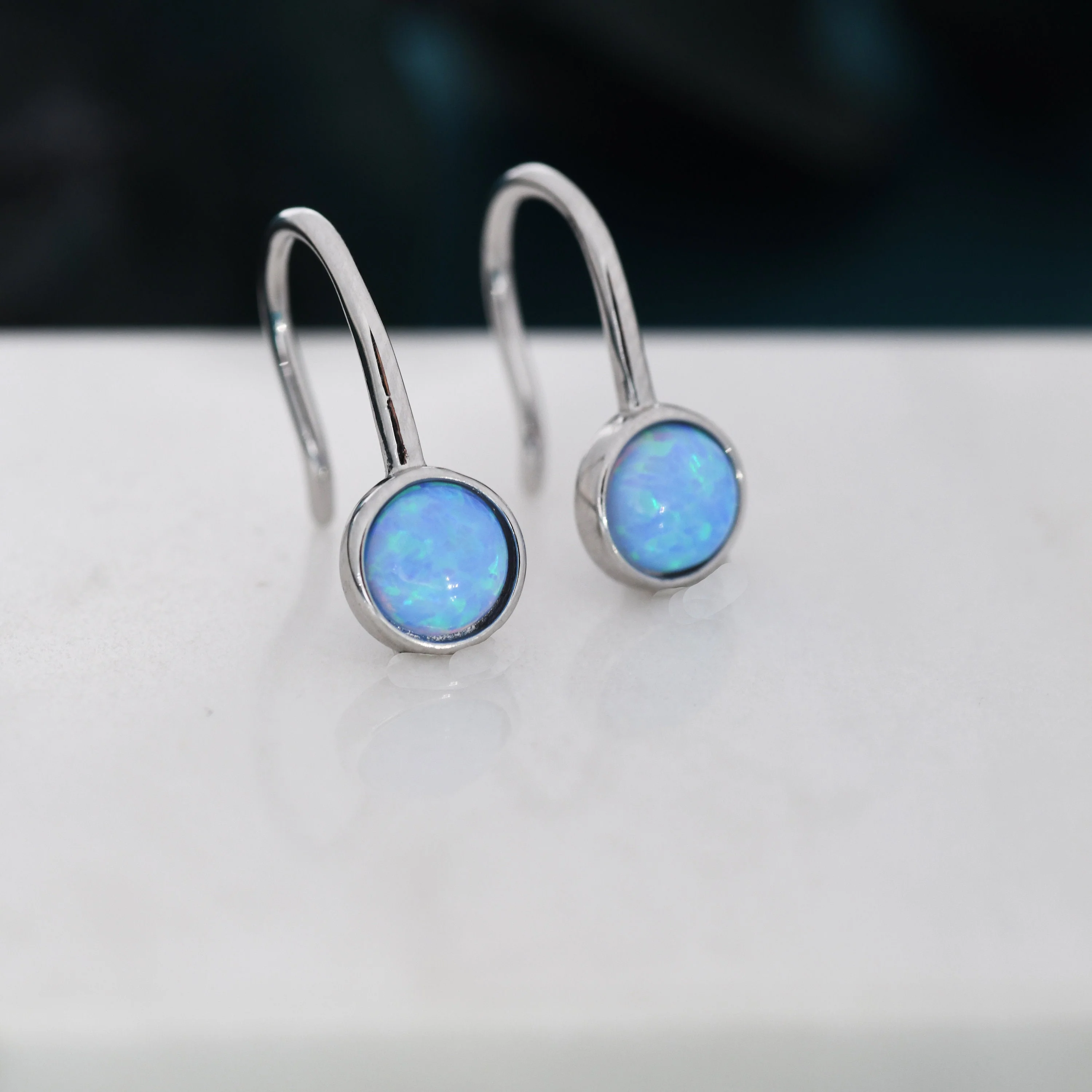 Sterling Silver Blue Opal Drop Earrings in Sterling Silver, Round Blue Opal Hook Earrings, Delicate Opal Earrings, Lab Opal - Image 3
