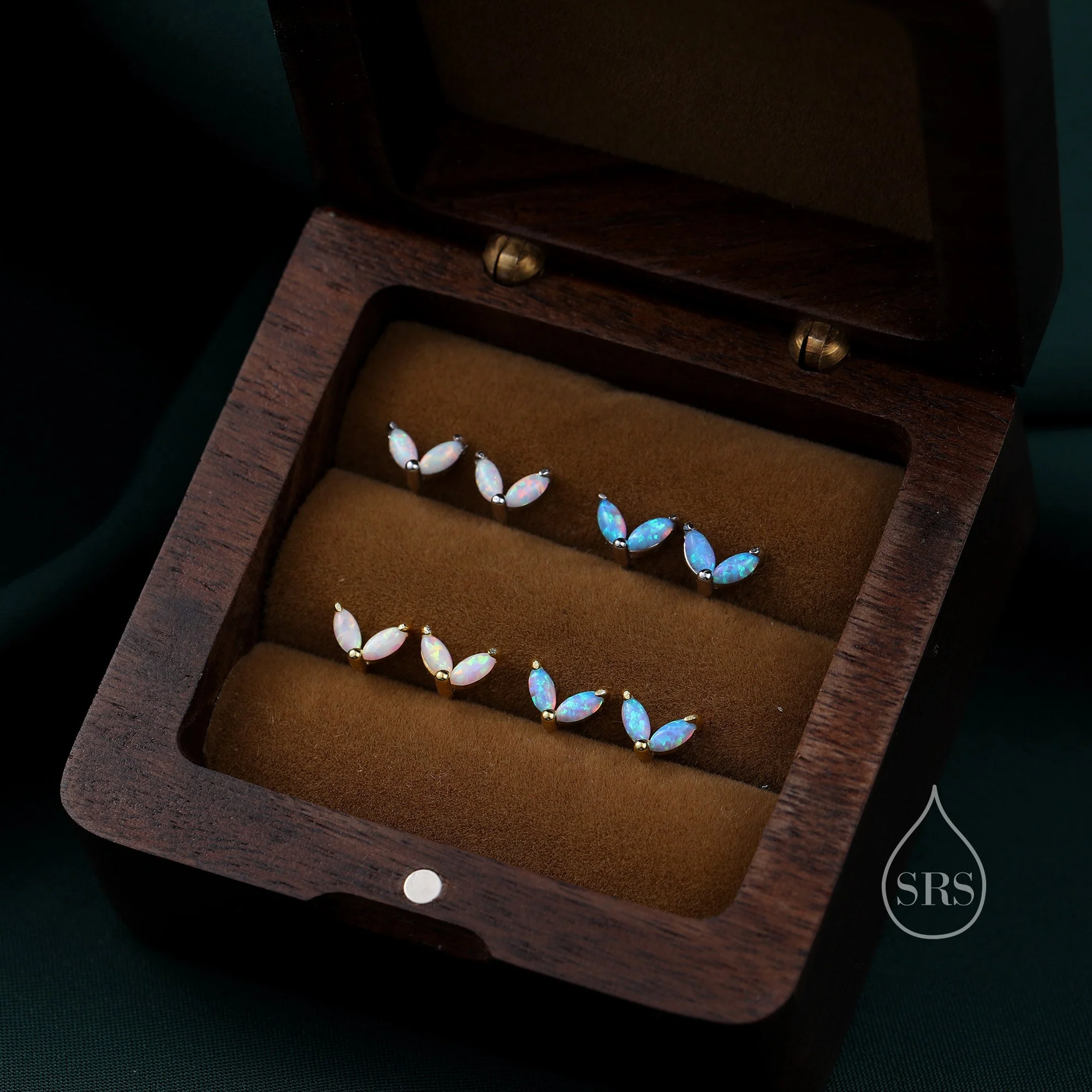 Sterling Silver Blue Opal Marquise Cluster Earrings, Stud Earrings or Screw Back, Marquise Fan Stud, Two Marquise Opal Stud, Gold or Silver - Image 9