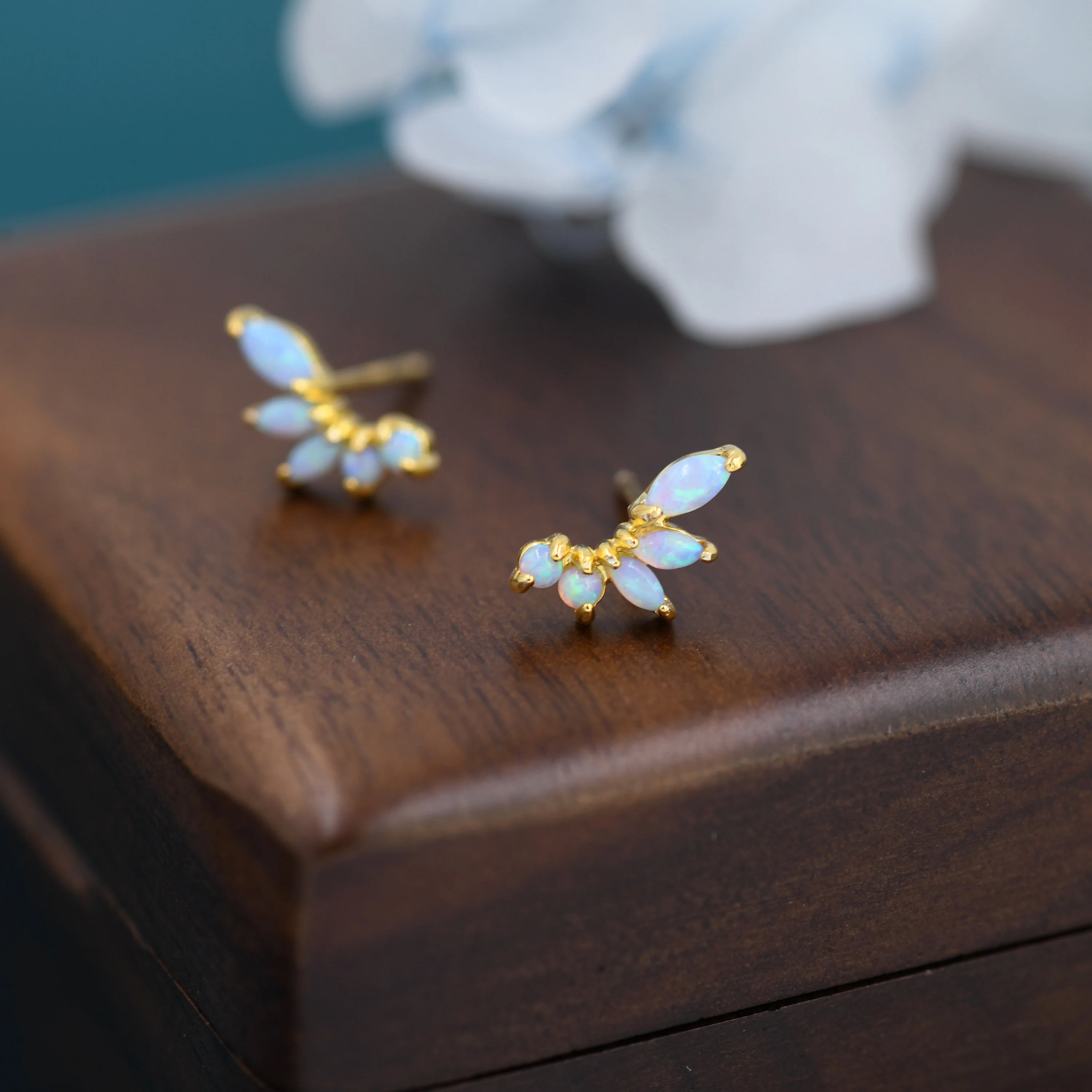 Sterling Silver Blue Opal Marquise Cluster Stud Earrings, Silver and Gold, Blue Opal Earrings, Lab Opal Mini Crawler Earrings, Minimalist - Image 4