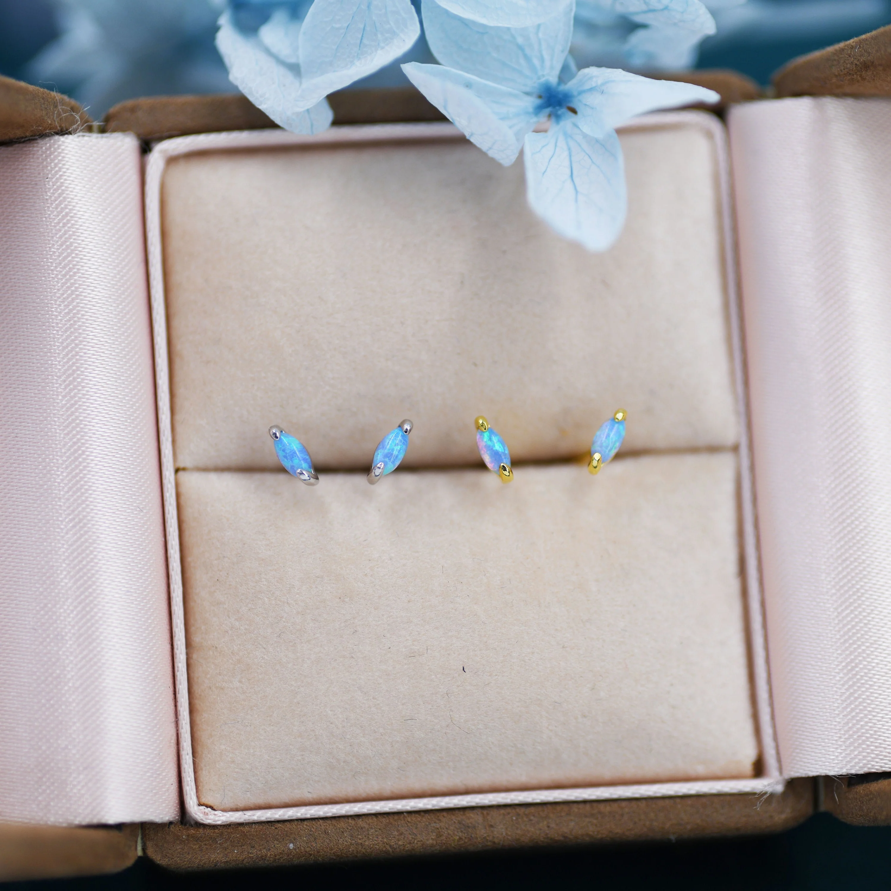Sterling Silver Blue Opal Marquise Internally Threaded Flat Back Earrings/ Screw Back/ Stud Earrings, Extra Tiny Marquise Stud - Image 3