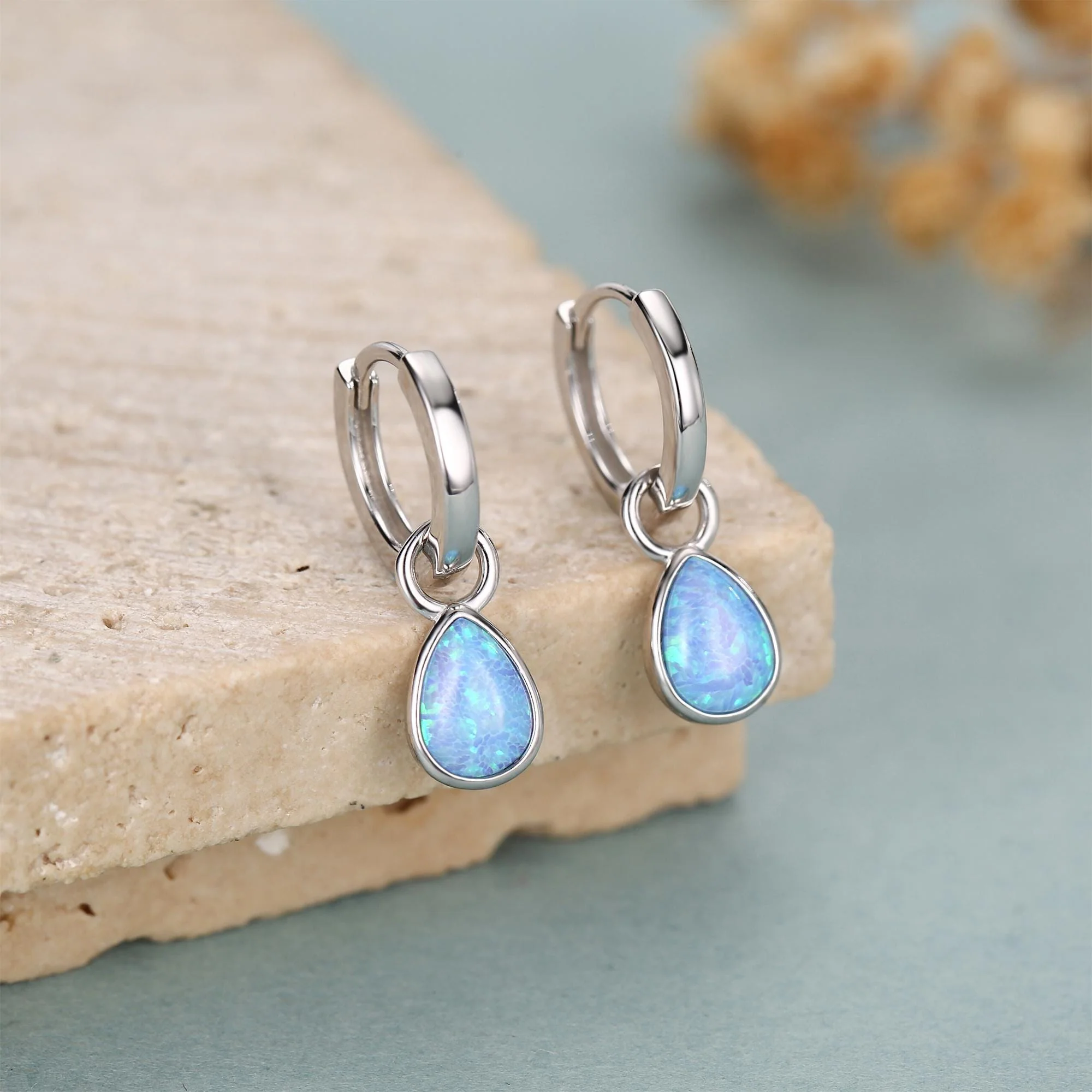 Sterling Silver Blue Opal Teardrop Huggie Hoop Earrings - Image 3