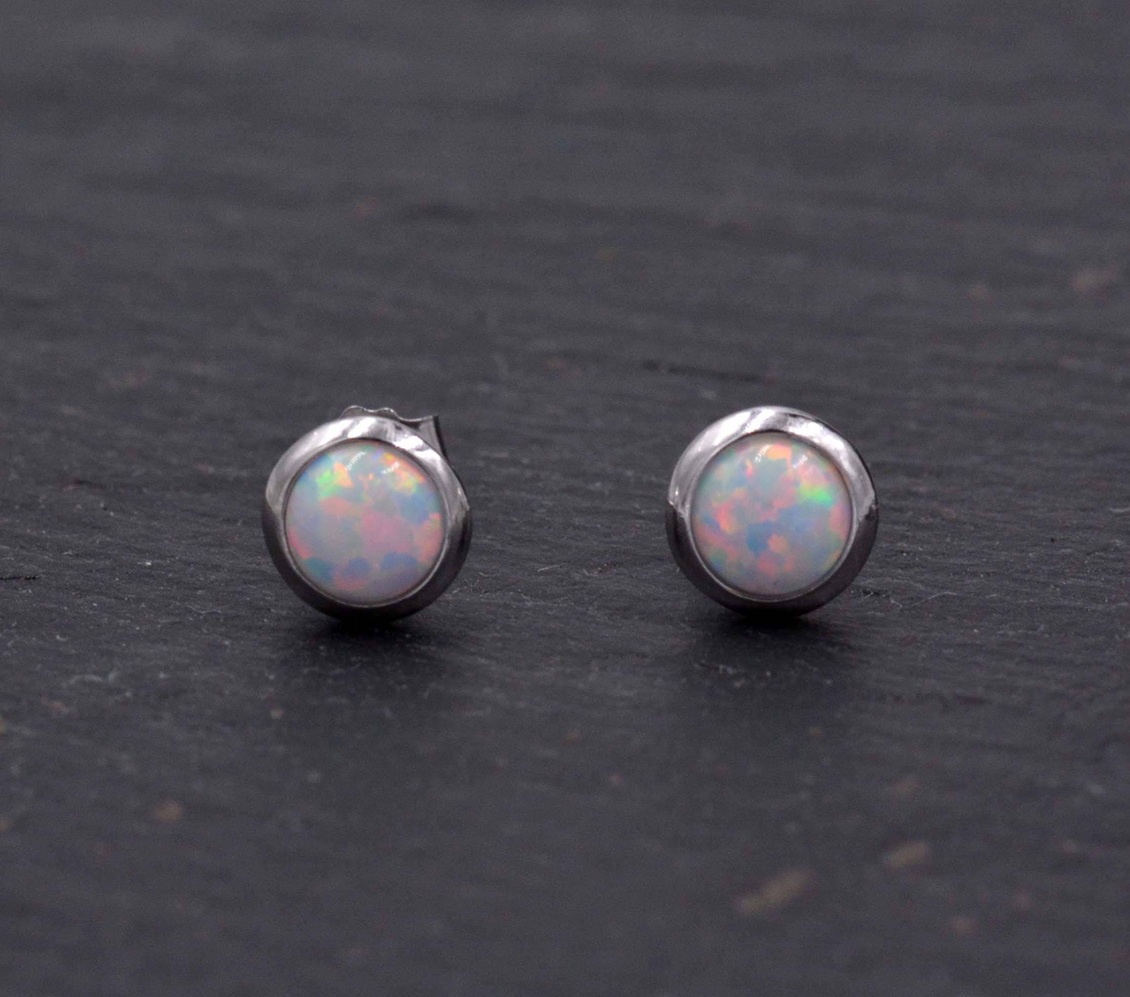 Sterling Silver Blue Opal White Opal Stone Crystal Stud Earrings. Round Minimalist Dot Geometric Design. bridesmaid jewellery. - Image 4