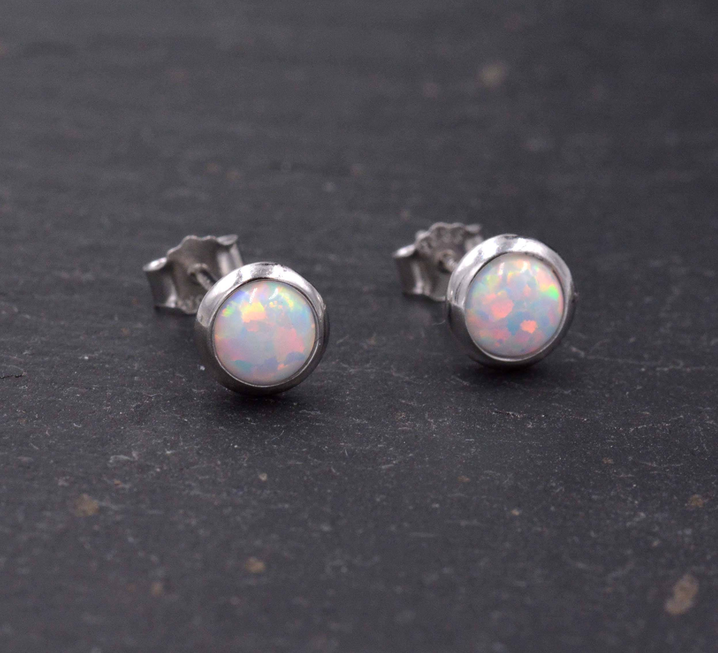 Sterling Silver Blue Opal White Opal Stone Crystal Stud Earrings. Round Minimalist Dot Geometric Design. bridesmaid jewellery. - Image 5