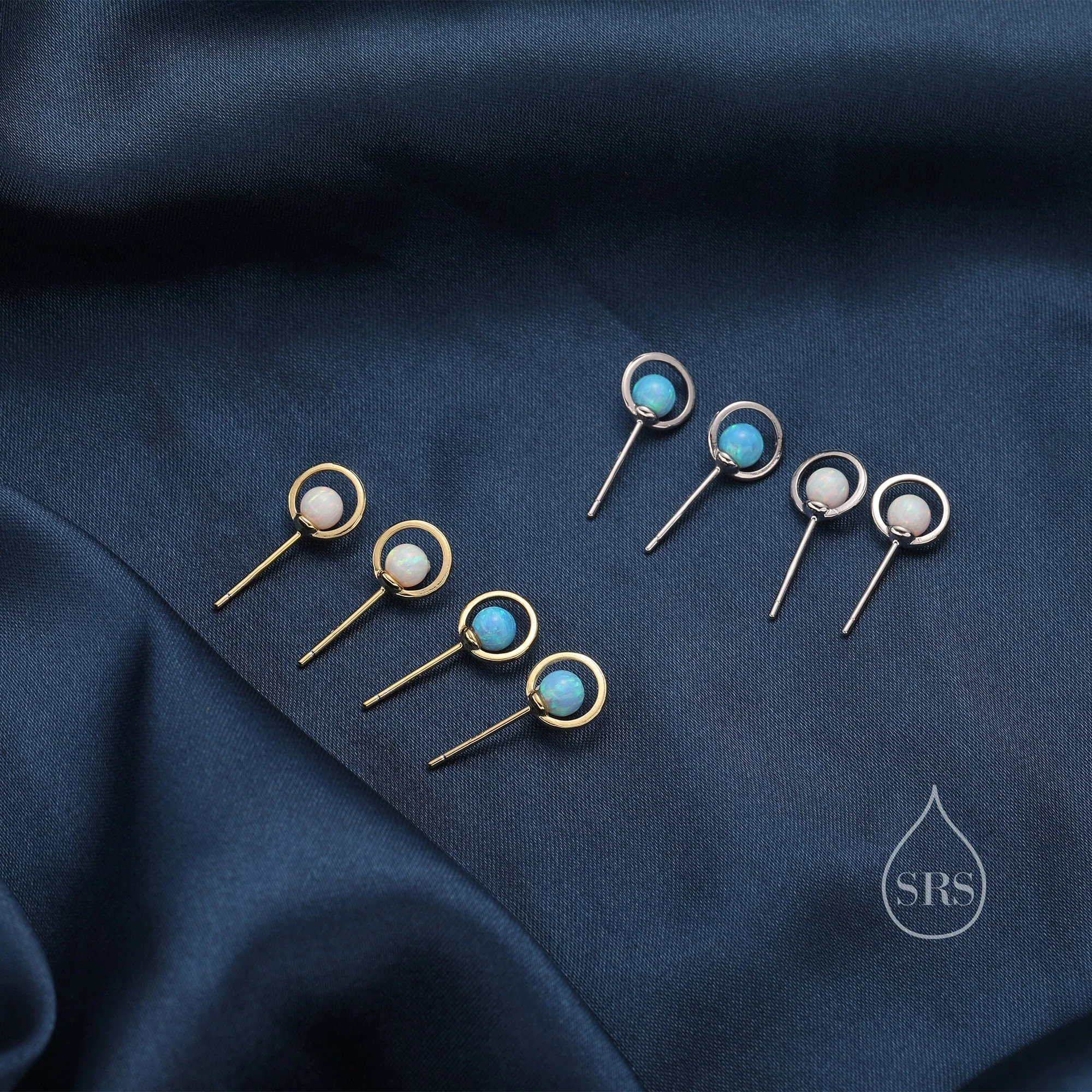 Sterling Silver Blue Planet Opal Stud Earrings, Saturn Earrings, Halo Opal Bead Stud, Blue and White , Gold or Silver Minimalist Geometric - Image 10