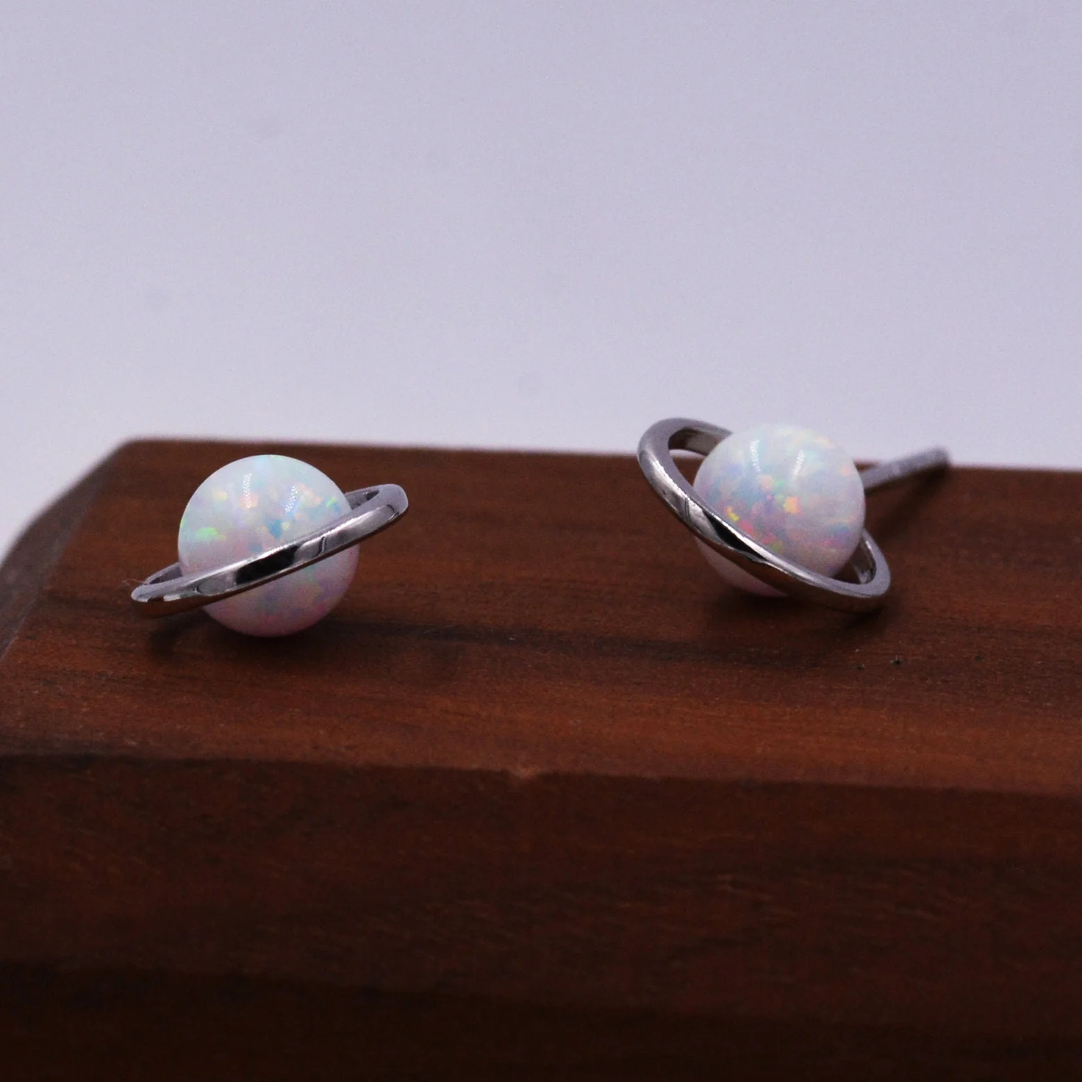 Sterling Silver Blue Planet Opal Stud Earrings, Saturn Earrings, Halo Opal Bead Stud, Blue and White , Gold or Silver Minimalist Geometric - Image 3