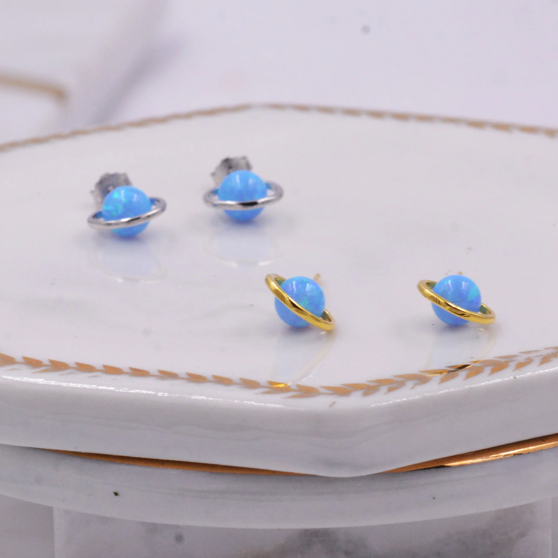 Sterling Silver Blue Planet Opal Stud Earrings, Saturn Earrings, Halo Opal Bead Stud, Blue and White , Gold or Silver Minimalist Geometric - Image 5