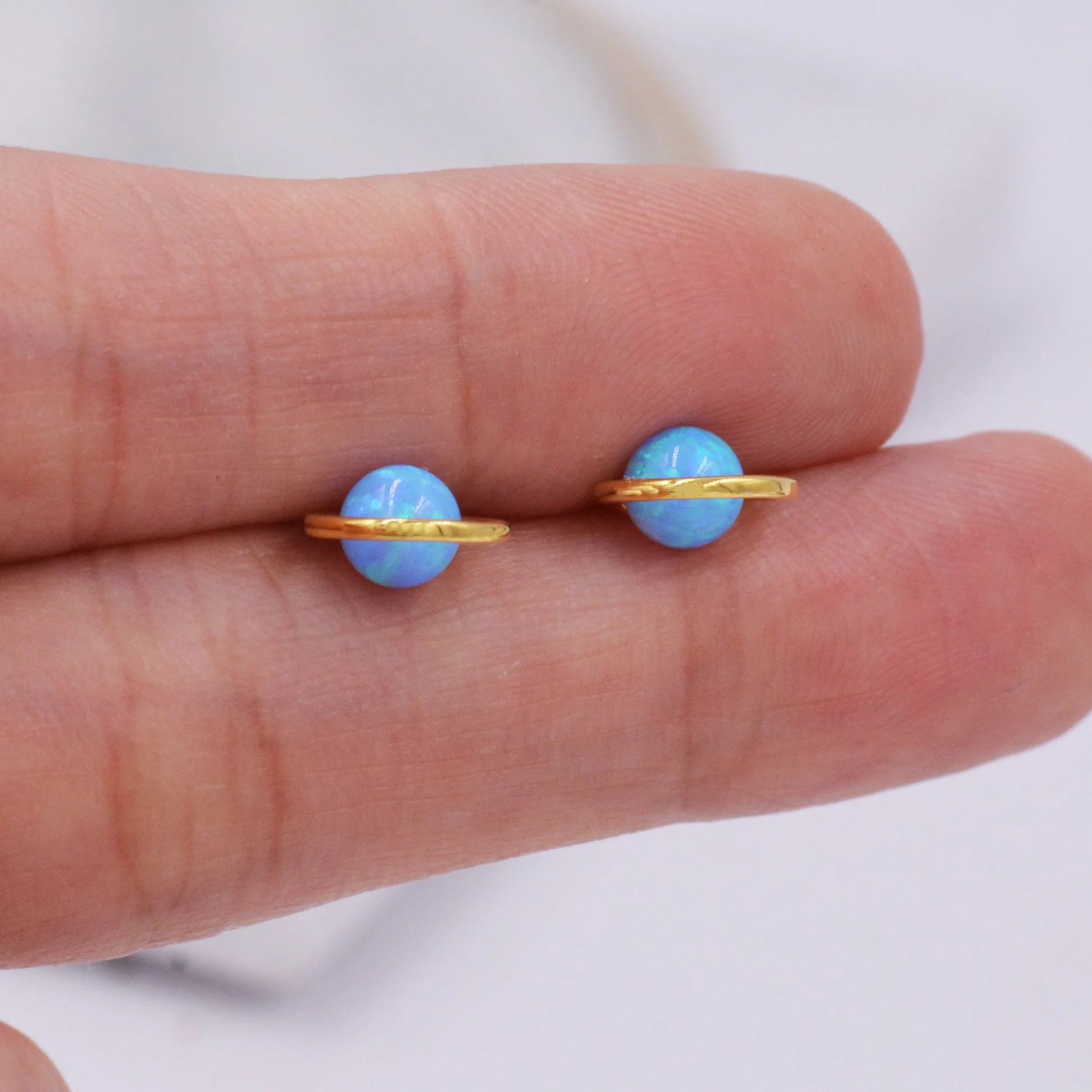 Sterling Silver Blue Planet Opal Stud Earrings, Saturn Earrings, Halo Opal Bead Stud, Blue and White , Gold or Silver Minimalist Geometric - Image 6