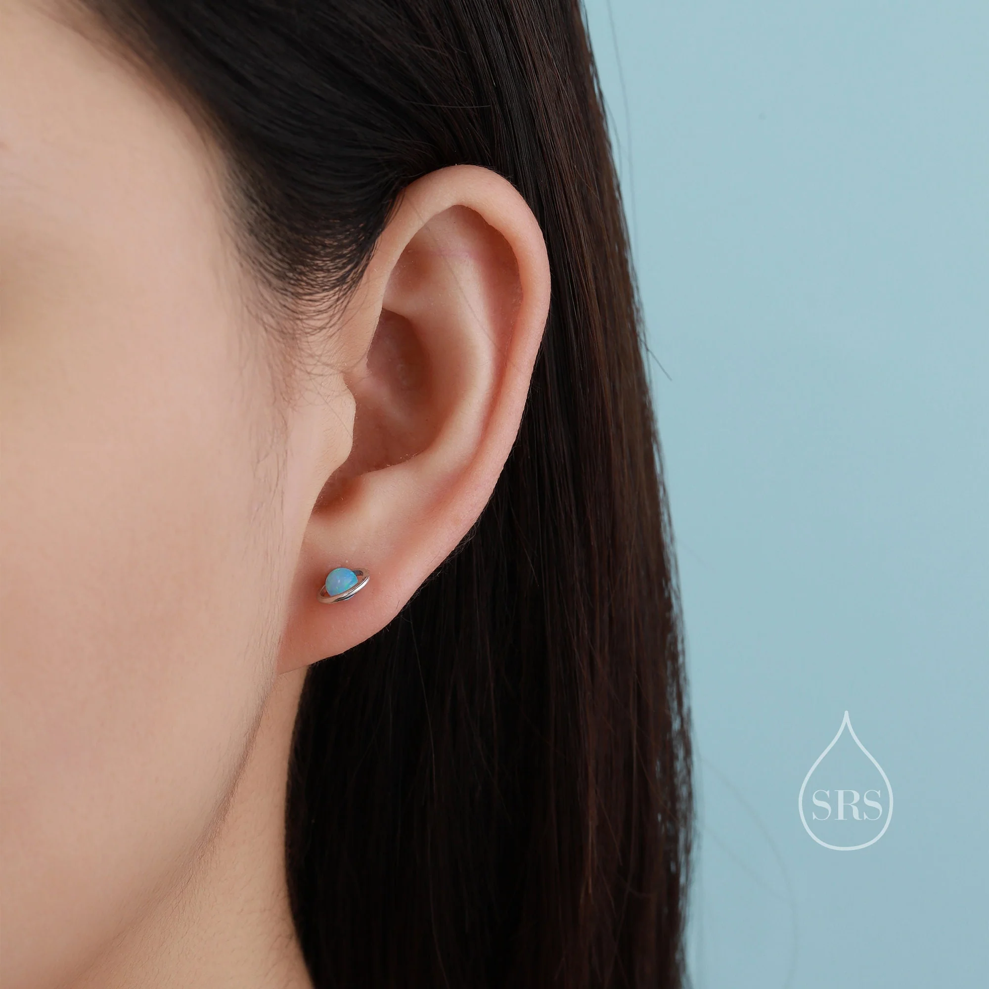 Sterling Silver Blue Planet Opal Stud Earrings, Saturn Earrings, Halo Opal Bead Stud, Blue and White , Gold or Silver Minimalist Geometric - Image 8