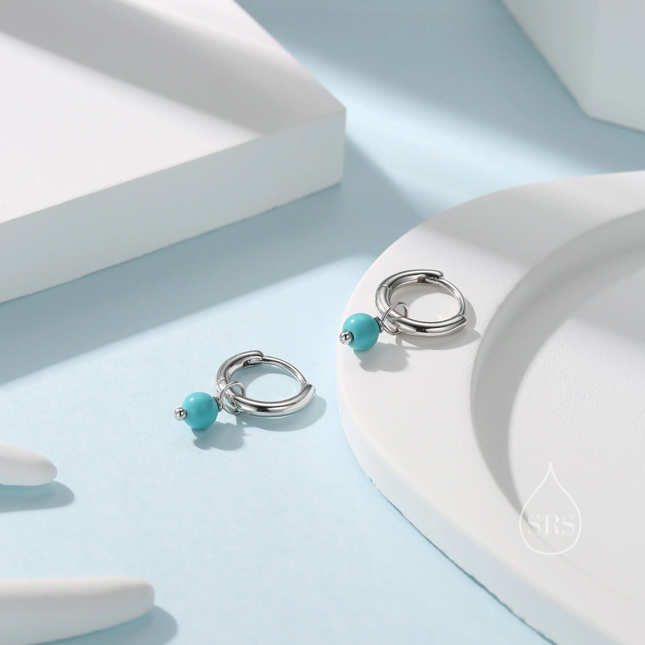Sterling Silver Blue Turquoise Bead Huggie Hoop Earrings, Silver or Gold, Minimalist Turquoise Dangle Hoop Earrings, Turquoise Hoop Earrings - Image 3
