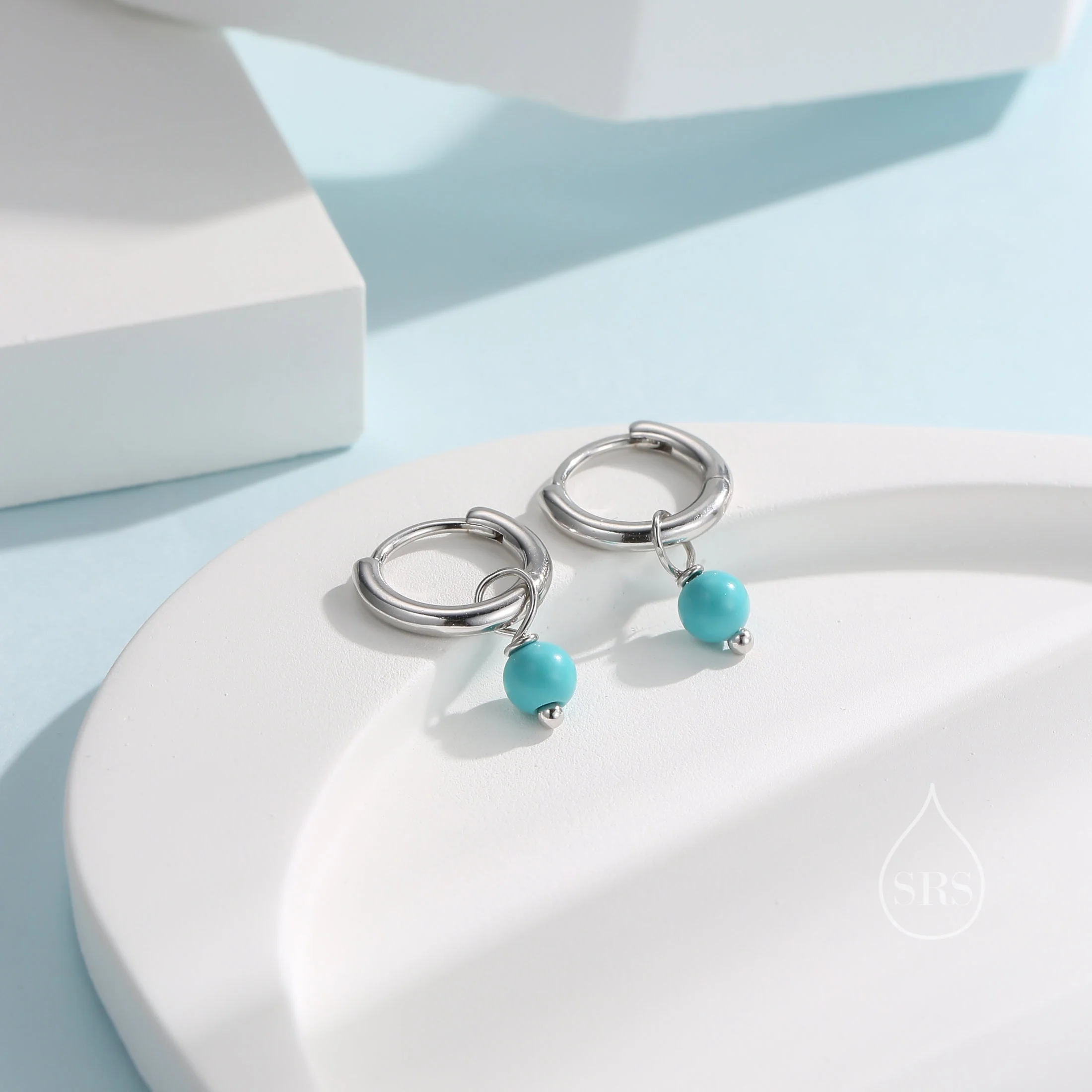 Sterling Silver Blue Turquoise Bead Huggie Hoop Earrings, Silver or Gold, Minimalist Turquoise Dangle Hoop Earrings, Turquoise Hoop Earrings - Image 4