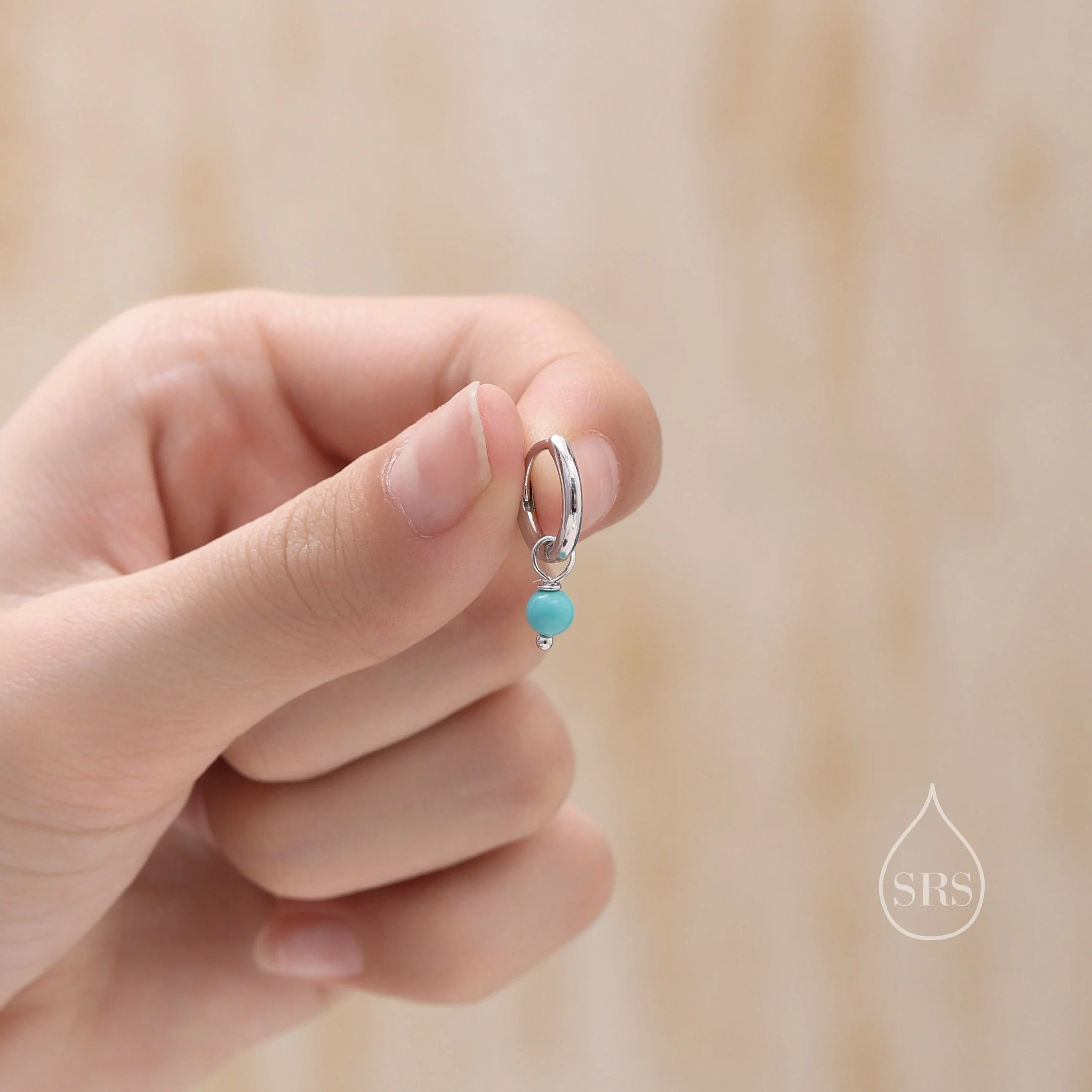 Sterling Silver Blue Turquoise Bead Huggie Hoop Earrings, Silver or Gold, Minimalist Turquoise Dangle Hoop Earrings, Turquoise Hoop Earrings - Image 5