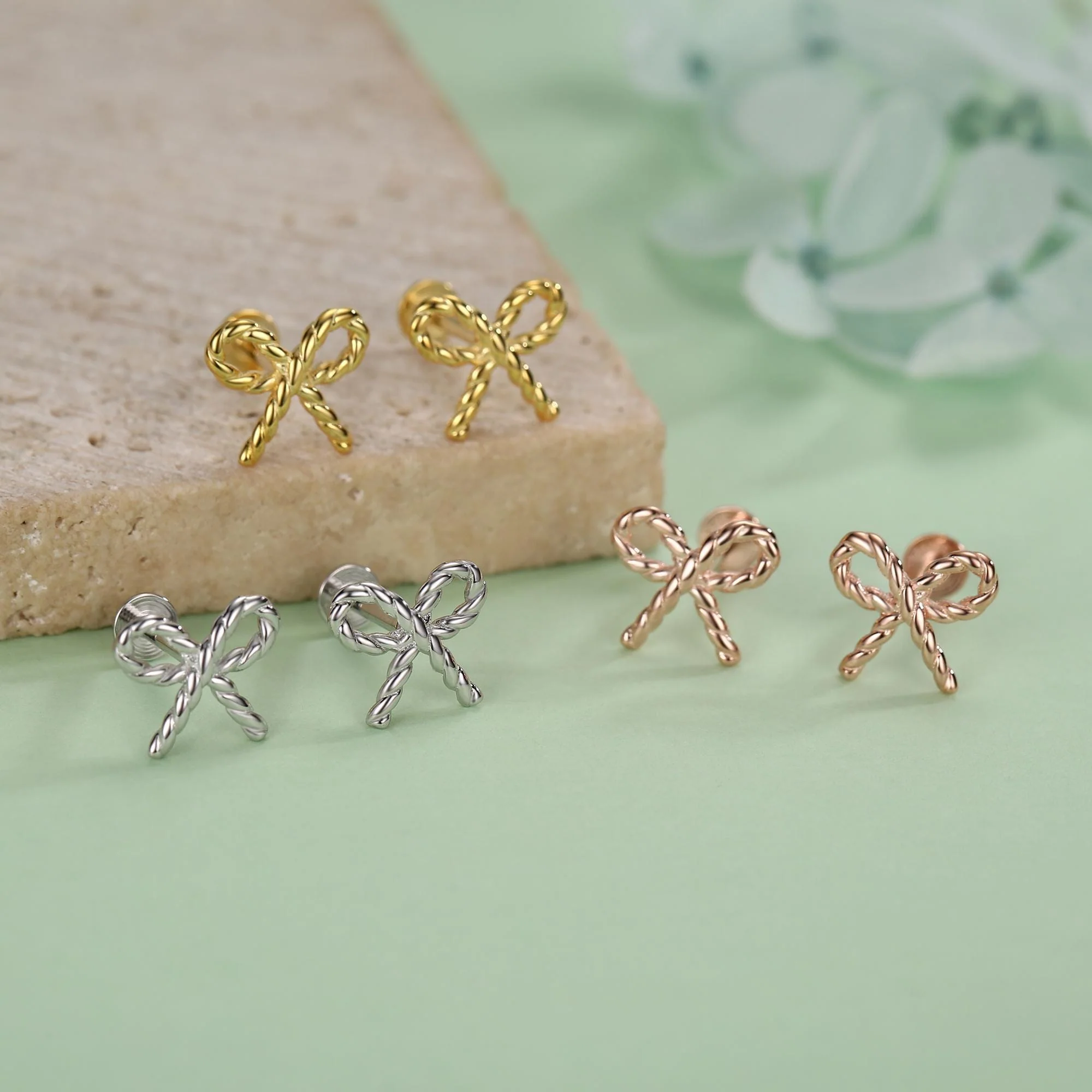 Sterling Silver Bow Stud Earrings 16G Flat Back Labret - Image 3