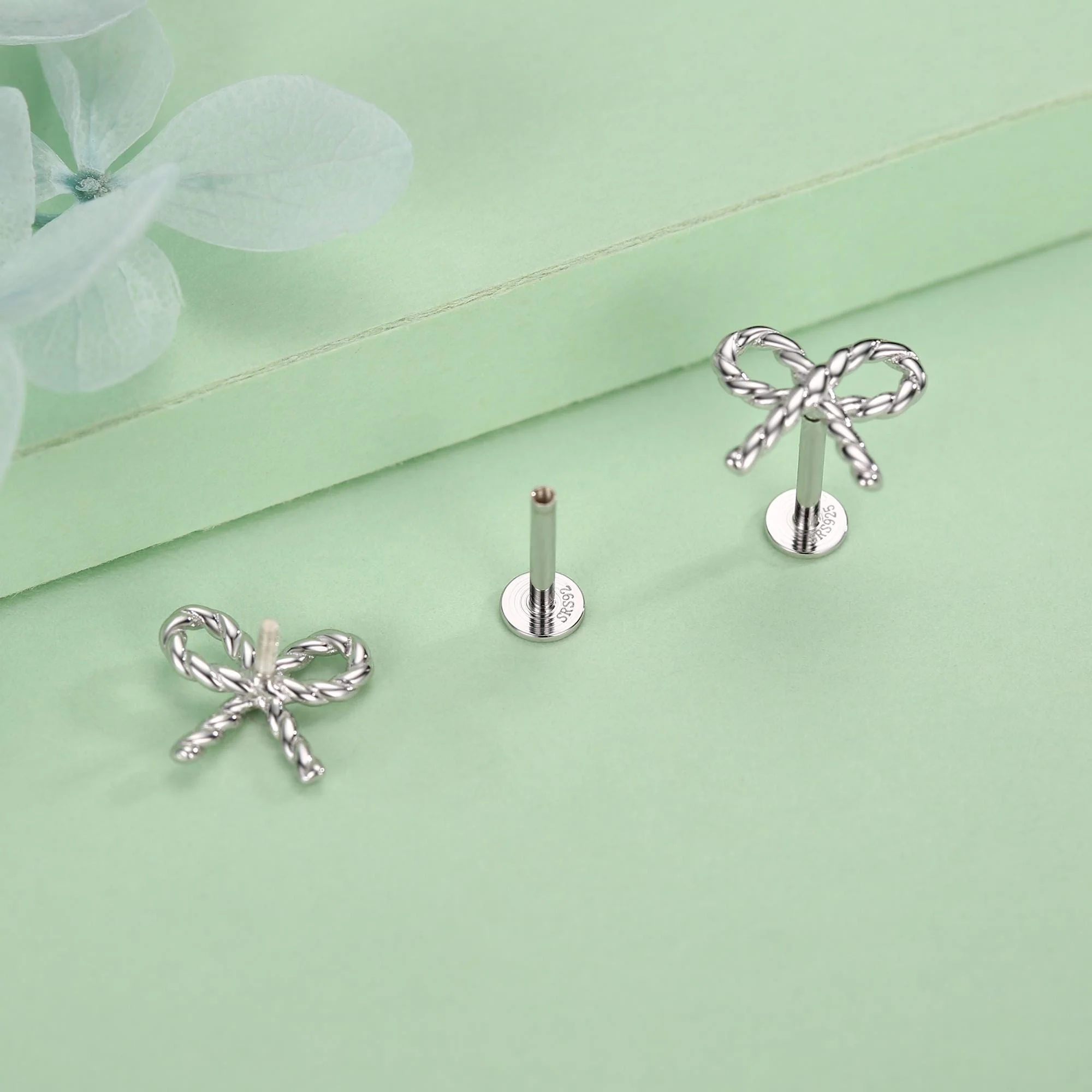 Sterling Silver Bow Stud Earrings 16G Flat Back Labret - Image 7