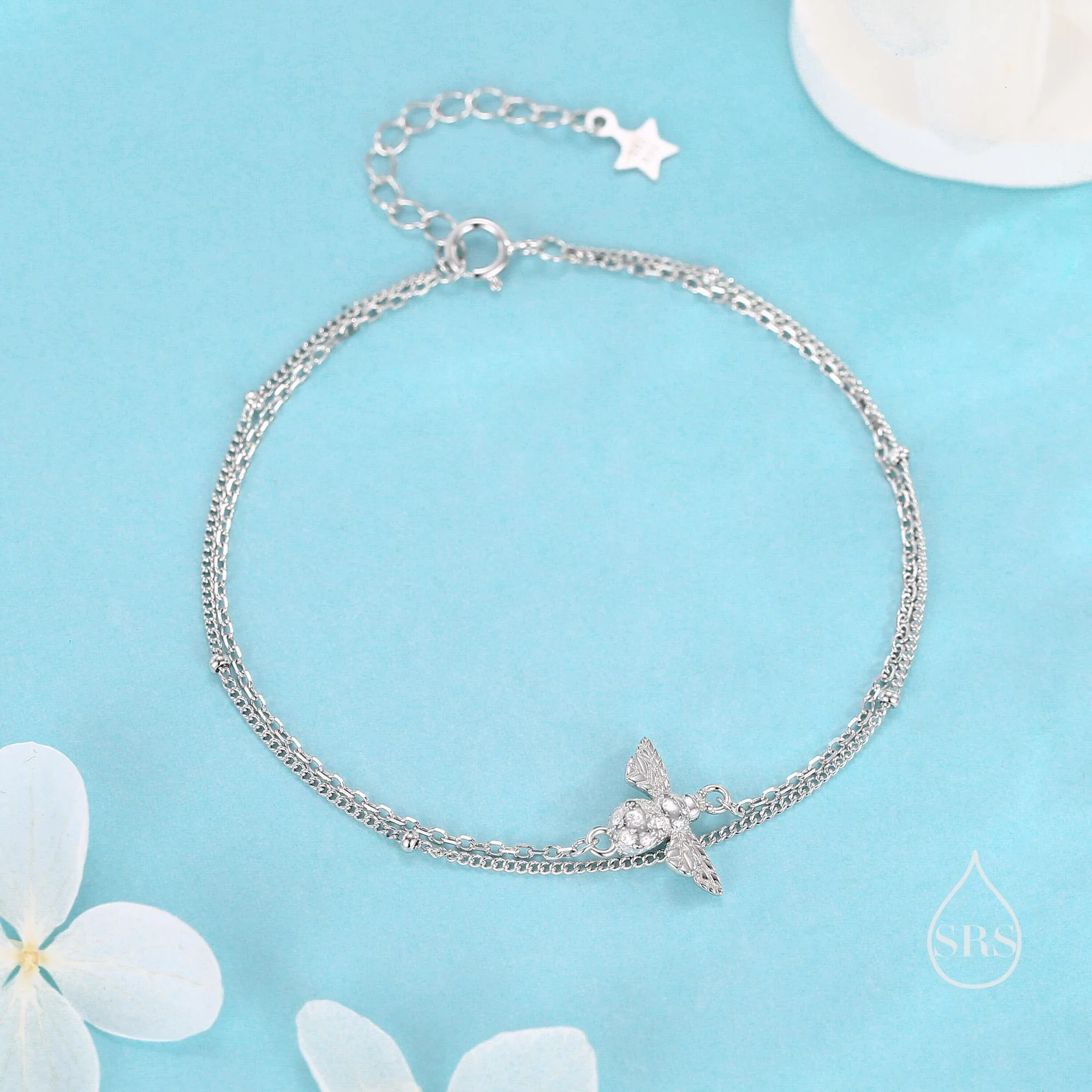 Sterling Silver Bumble Bee Double Layer Bracelet in Sterling Silver, Silver, Gold or Rose Gold, Delicate Bee Bracelet, Minimalist Bracelet, - Image 2