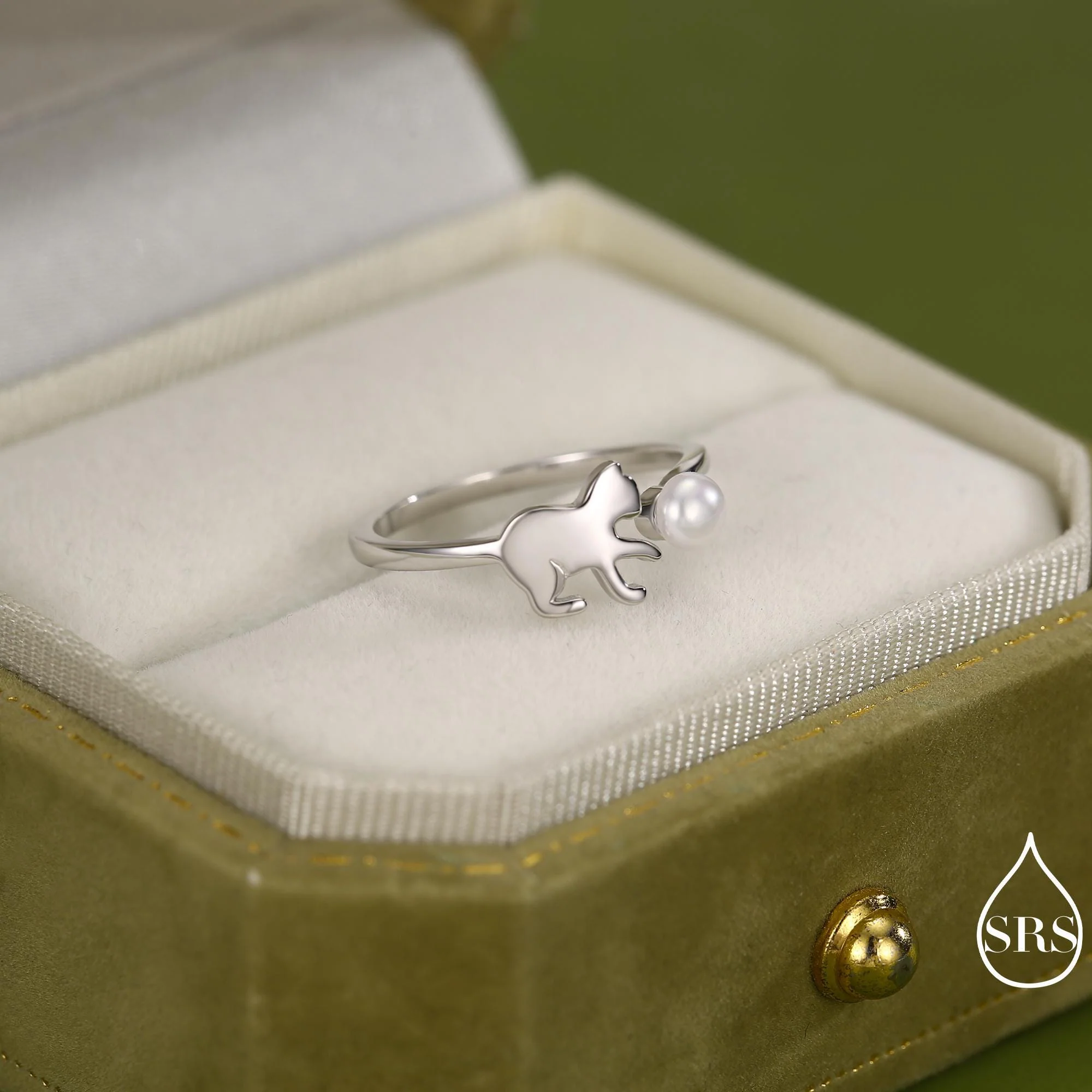 Sterling Silver Cat Playing with Ball Ring with Natural Button Shaped Pearls, Adjustable Sized Ring, Open Ring, Stacking Rings - Image 2