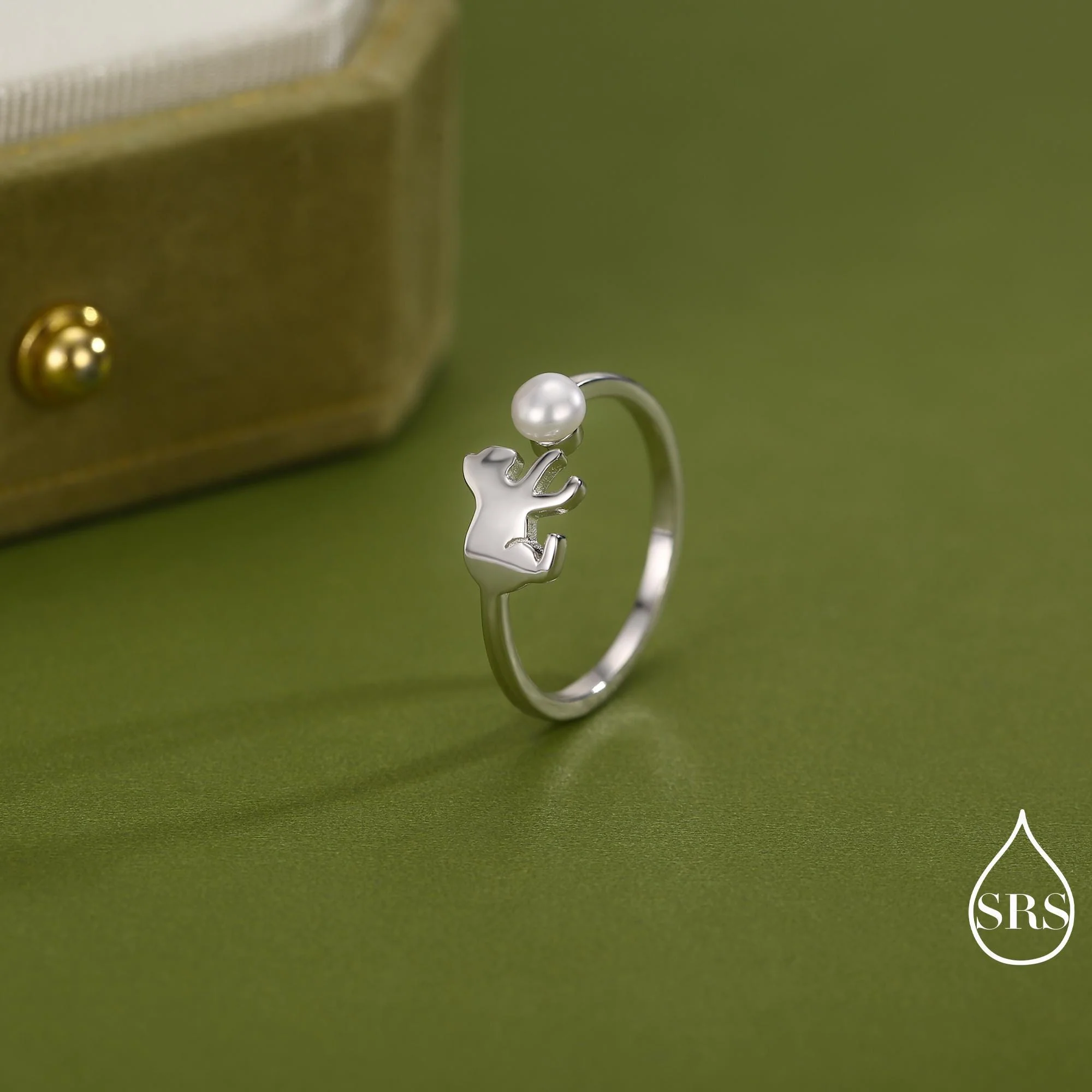 Sterling Silver Cat Playing with Ball Ring with Natural Button Shaped Pearls, Adjustable Sized Ring, Open Ring, Stacking Rings - Image 7