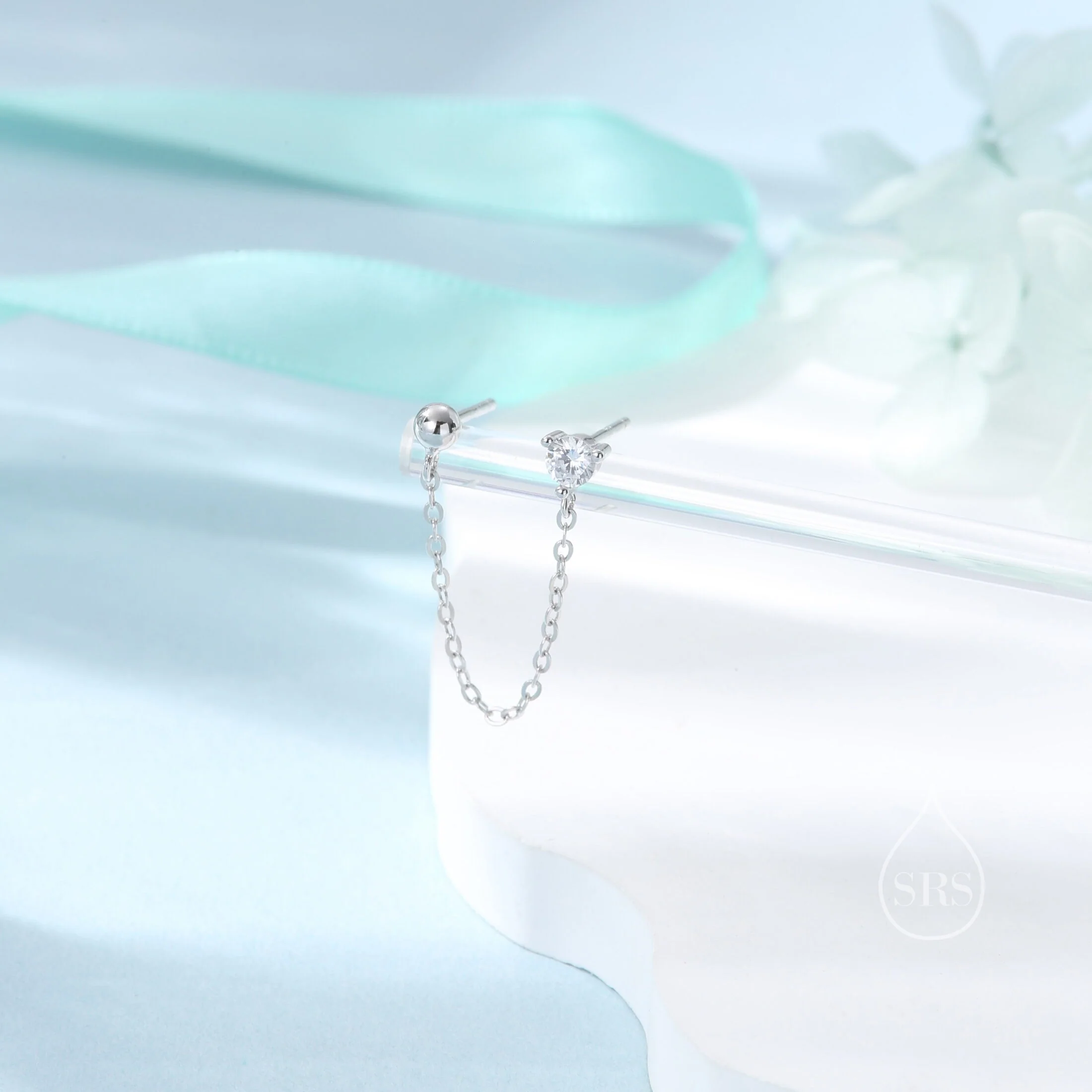 Sterling Silver Chained Earrings for Double Piercings, Silver or Gold, Ball and CZ Chained Earrings, Asymmetric Stacking Earrings - Image 3