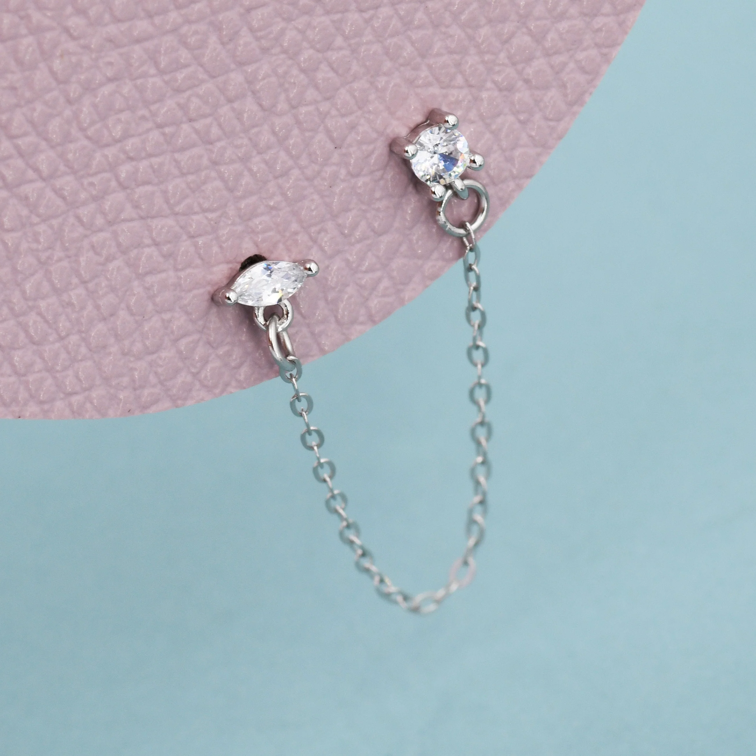 Sterling Silver Chained Earrings for Multiple Piercings, Silver or Gold, Marquise and Diamond Cut CZ Earrings, Asymmetric Stacking Earrings - Image 2