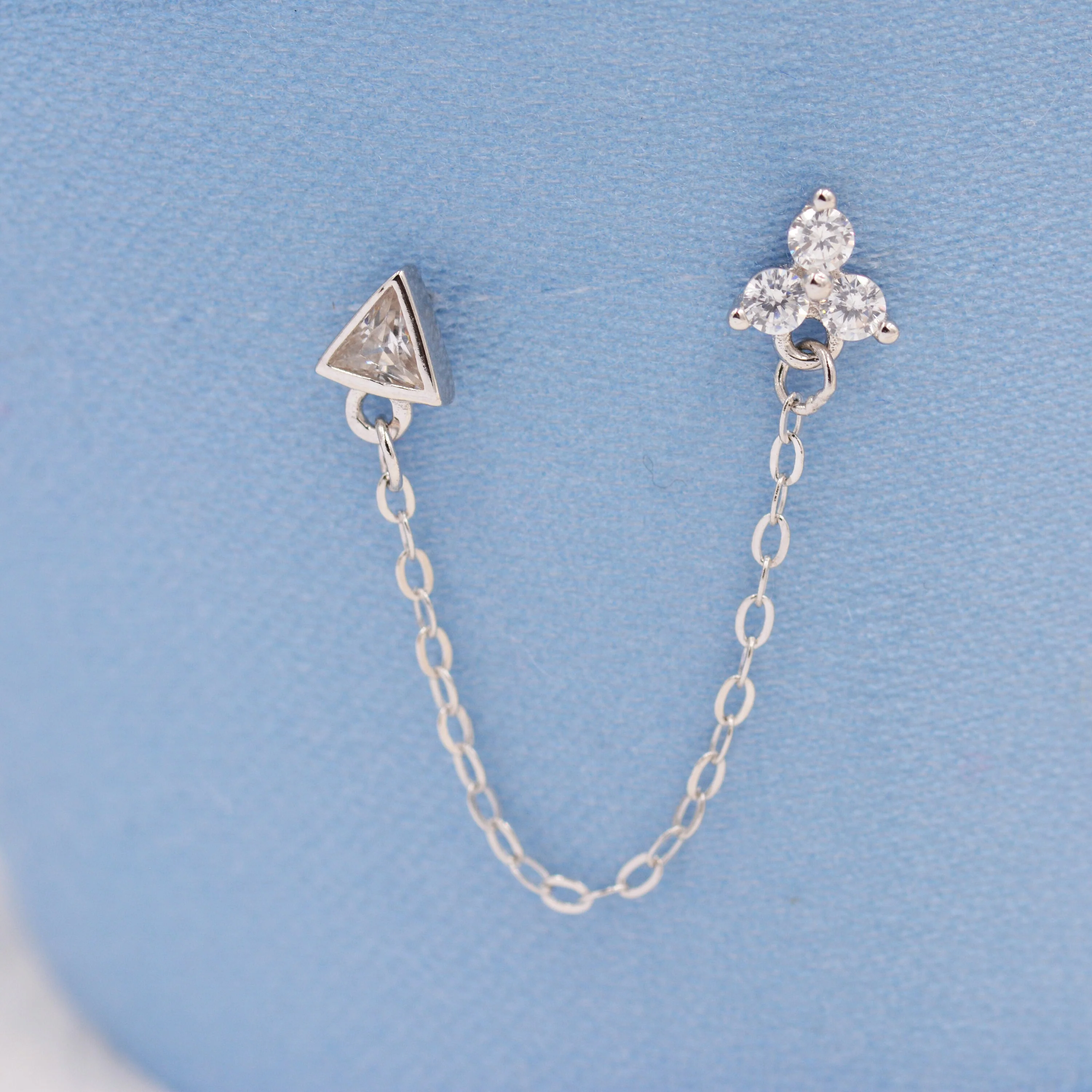 Sterling Silver Chained Earrings for Multiple Piercings, Silver or Gold, Trinity Three CZ Dot Earrings and Triangle Chain Earrings - Image 6