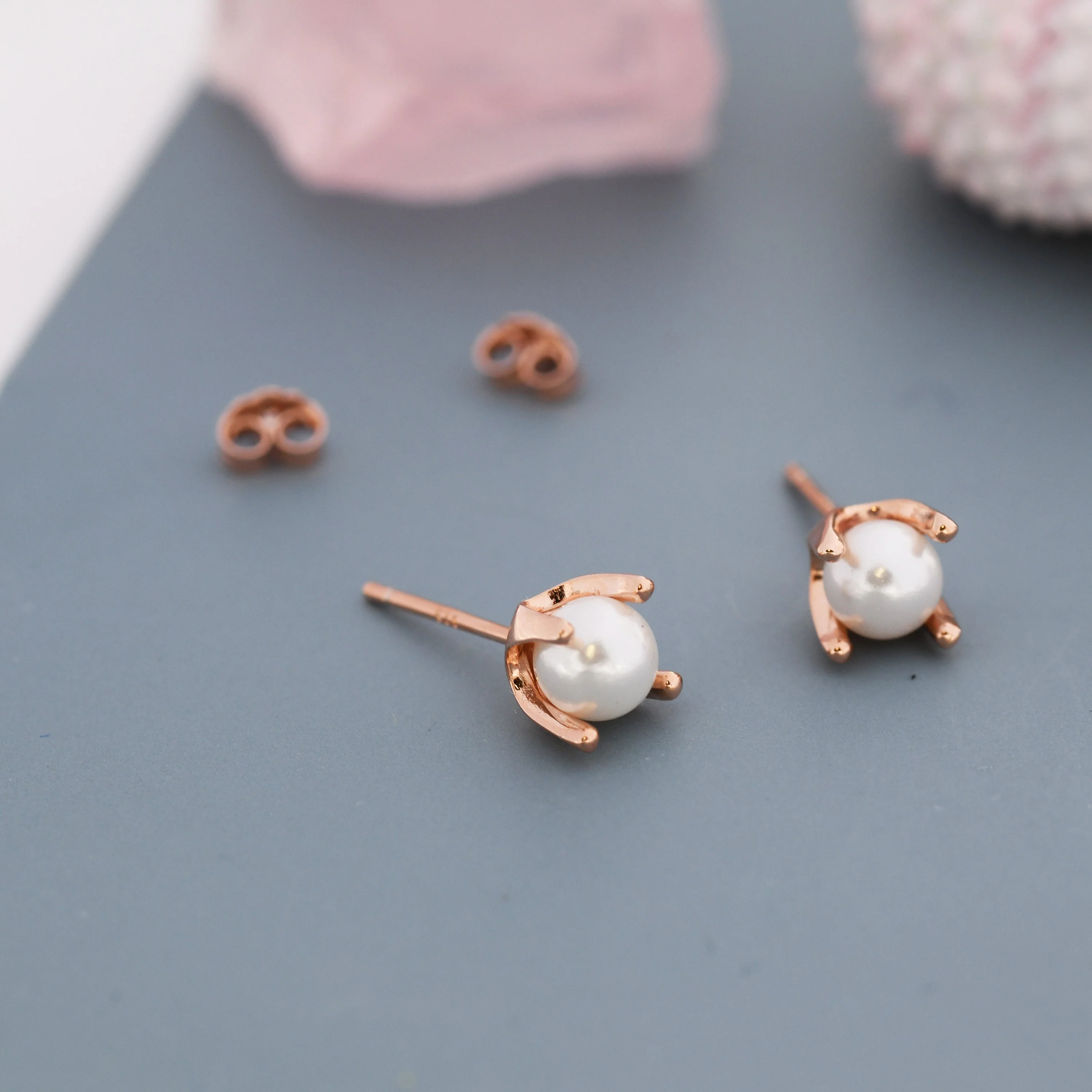 Tiny Pearl Stud Earrings in Sterling Silver, Silver or Gold or Rose Gold, Four Prong, 6mm Minimalist Pearl Earrings, - Image 8