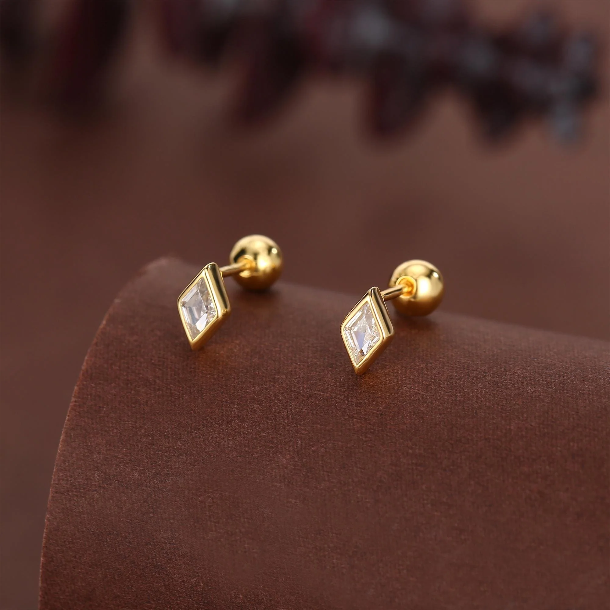 Sterling Silver Clear CZ 18G Screw Back Rhombus Stud Earrings - Image 3