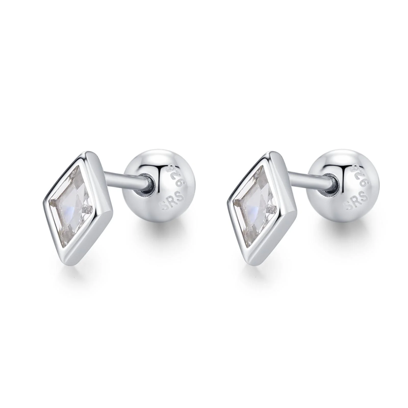 Sterling Silver Clear CZ 18G Screw Back Rhombus Stud Earrings - Image 9