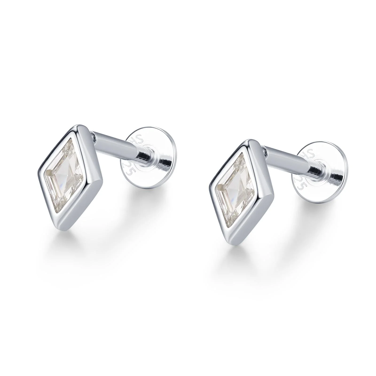 Sterling Silver Clear CZ Rhombus 16G Flat Back Labret Earrings - Image 7