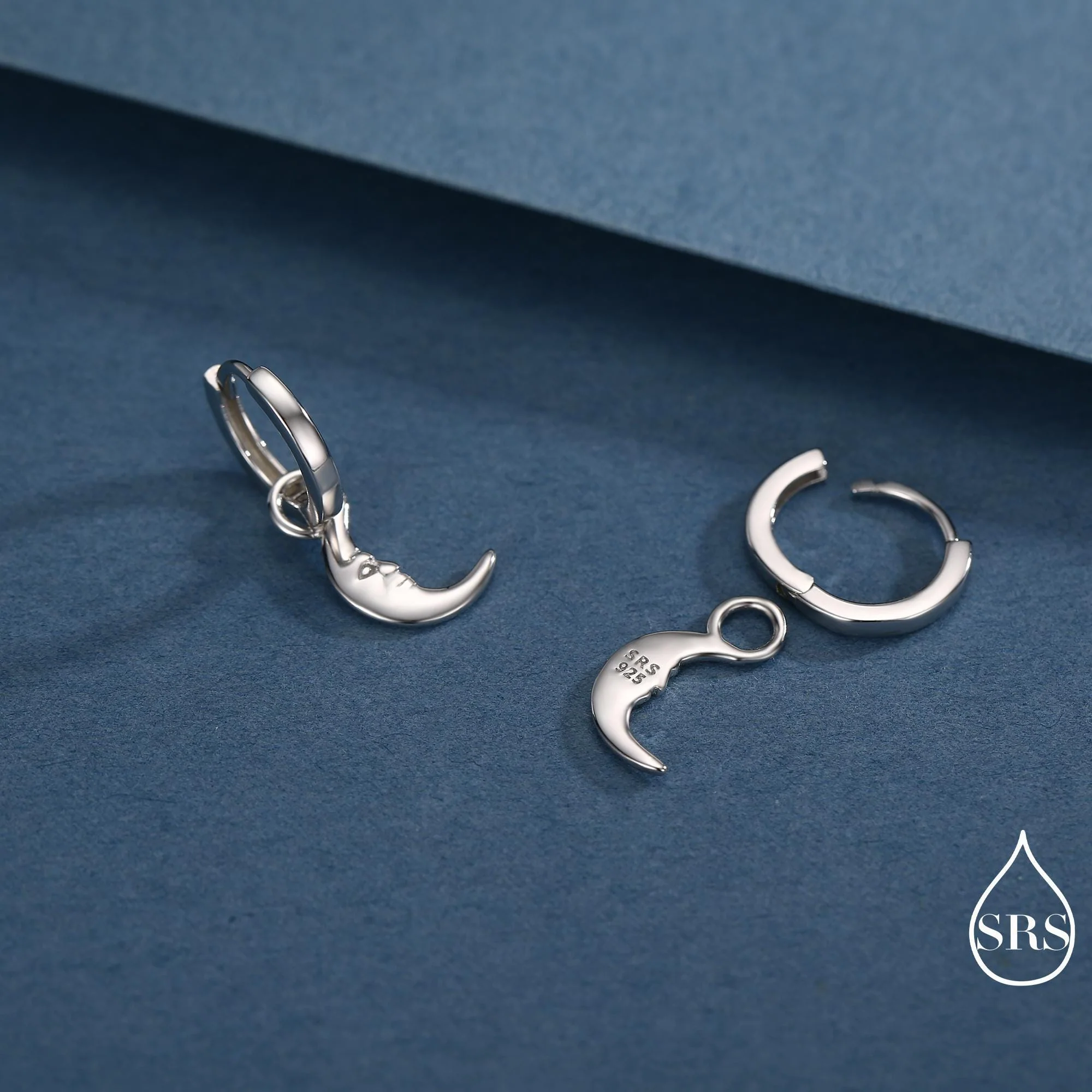 Sterling Silver Crescent Moon Face Hoop Earrings, Detachable Charm Dangle Hoop Earrings, Silver or Gold, Interchangeable Charms - Image 3