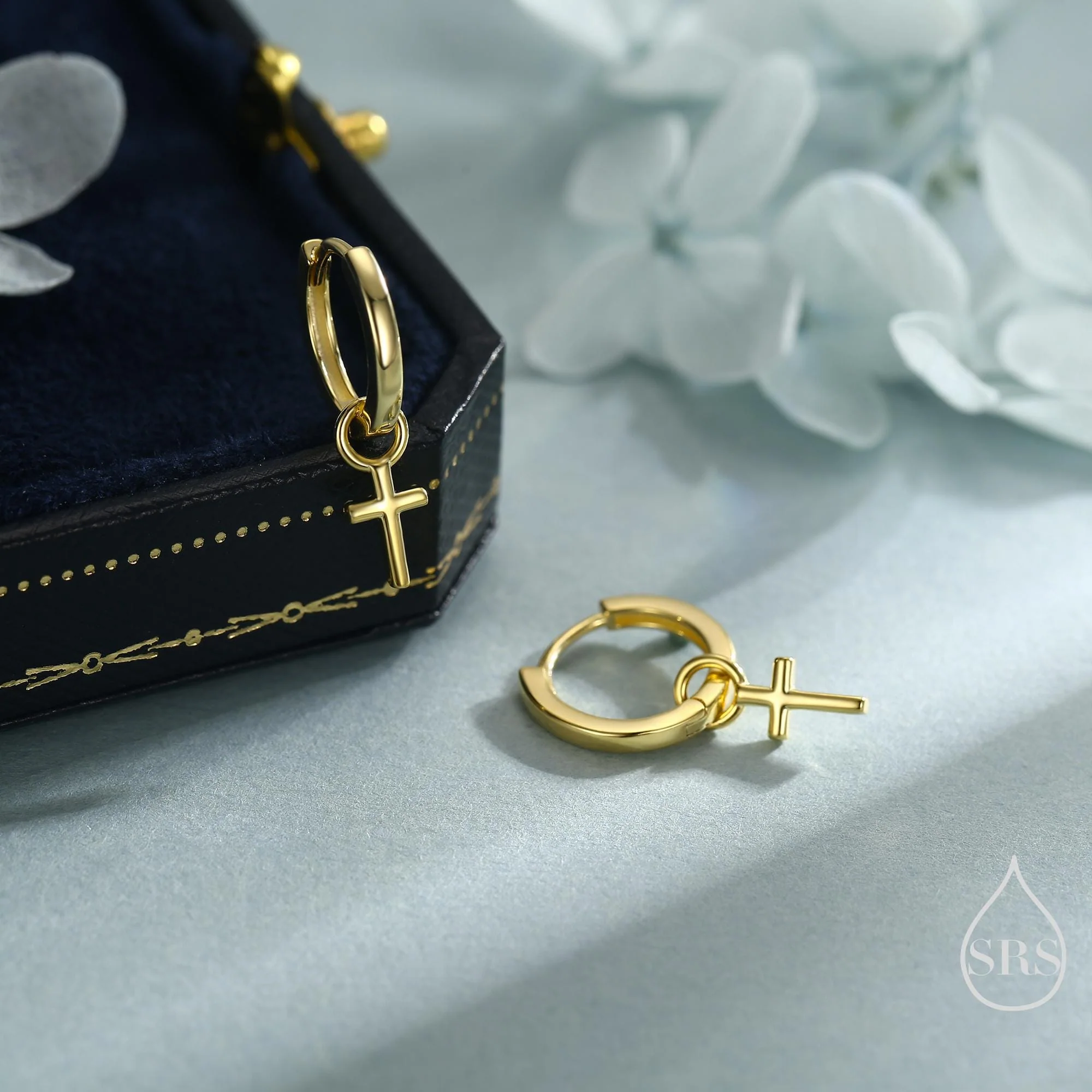 Sterling Silver Cross Hoop Earrings, 8mm or 10mm, Detachable Charm Hoop Earrings, Cross Earrings, Silver or Gold,  Interchangeable - Image 5